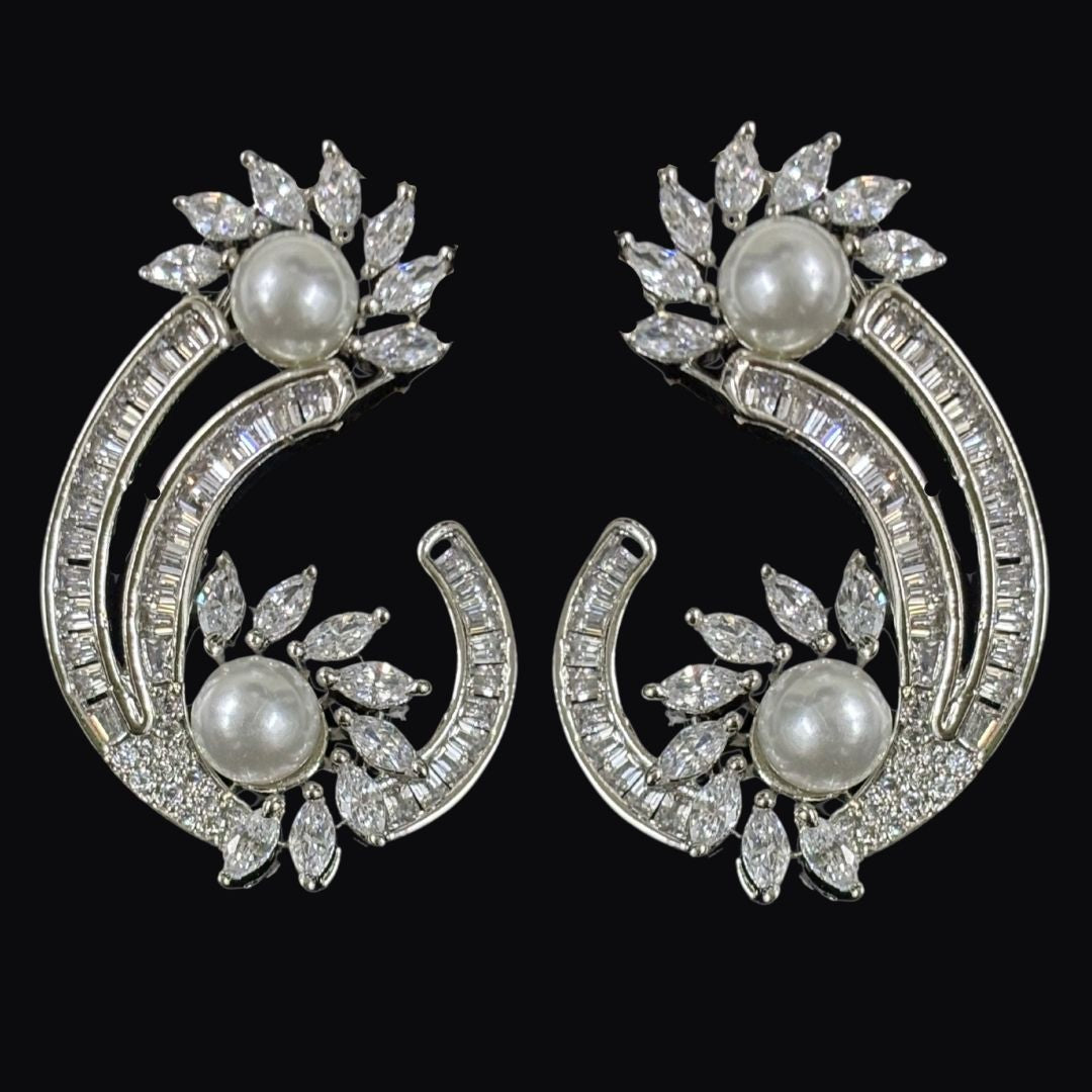 Rhodium-Plated Semi-Cultured Pearl & Zirconia Earrings