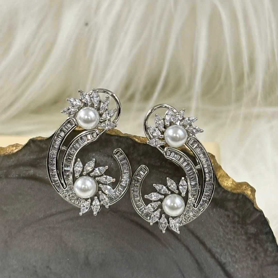 Rhodium-Plated Semi-Cultured Pearl & Zirconia Earrings