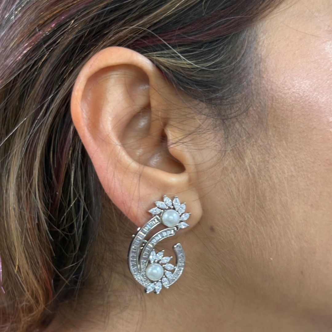 Rhodium-Plated Semi-Cultured Pearl & Zirconia Earrings