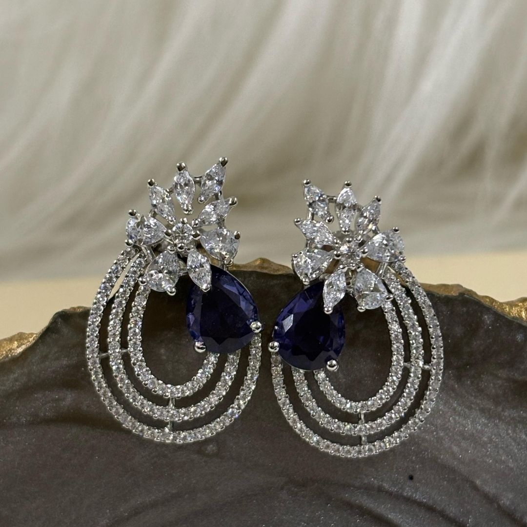 Celestial Bloom Rhodium-Plated Earrings – A Symphony of Elegance & Sparkle