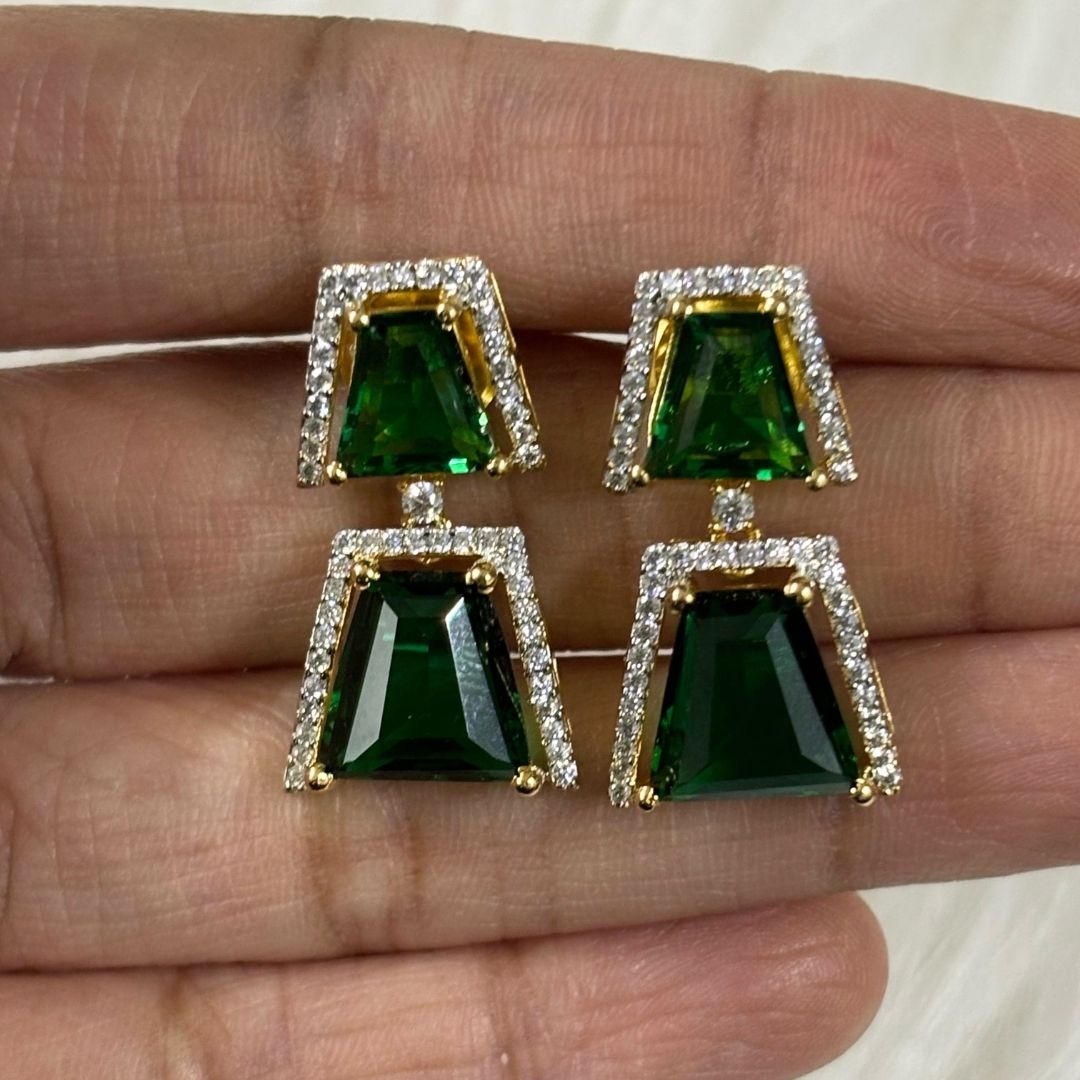 Gold Plated Regal Radiance Green Emerald Earrings