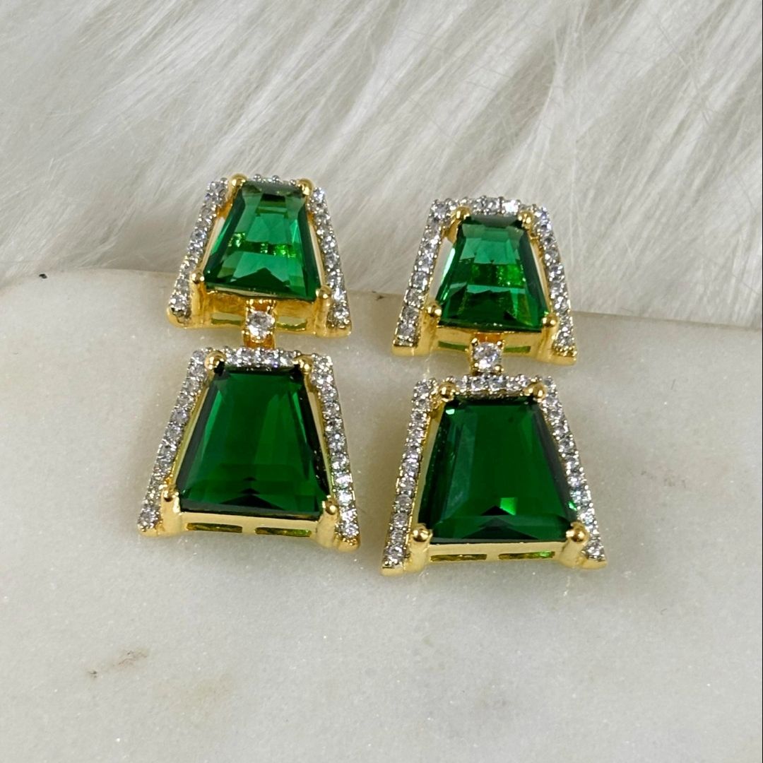 Gold Plated Regal Radiance Green Emerald Earrings