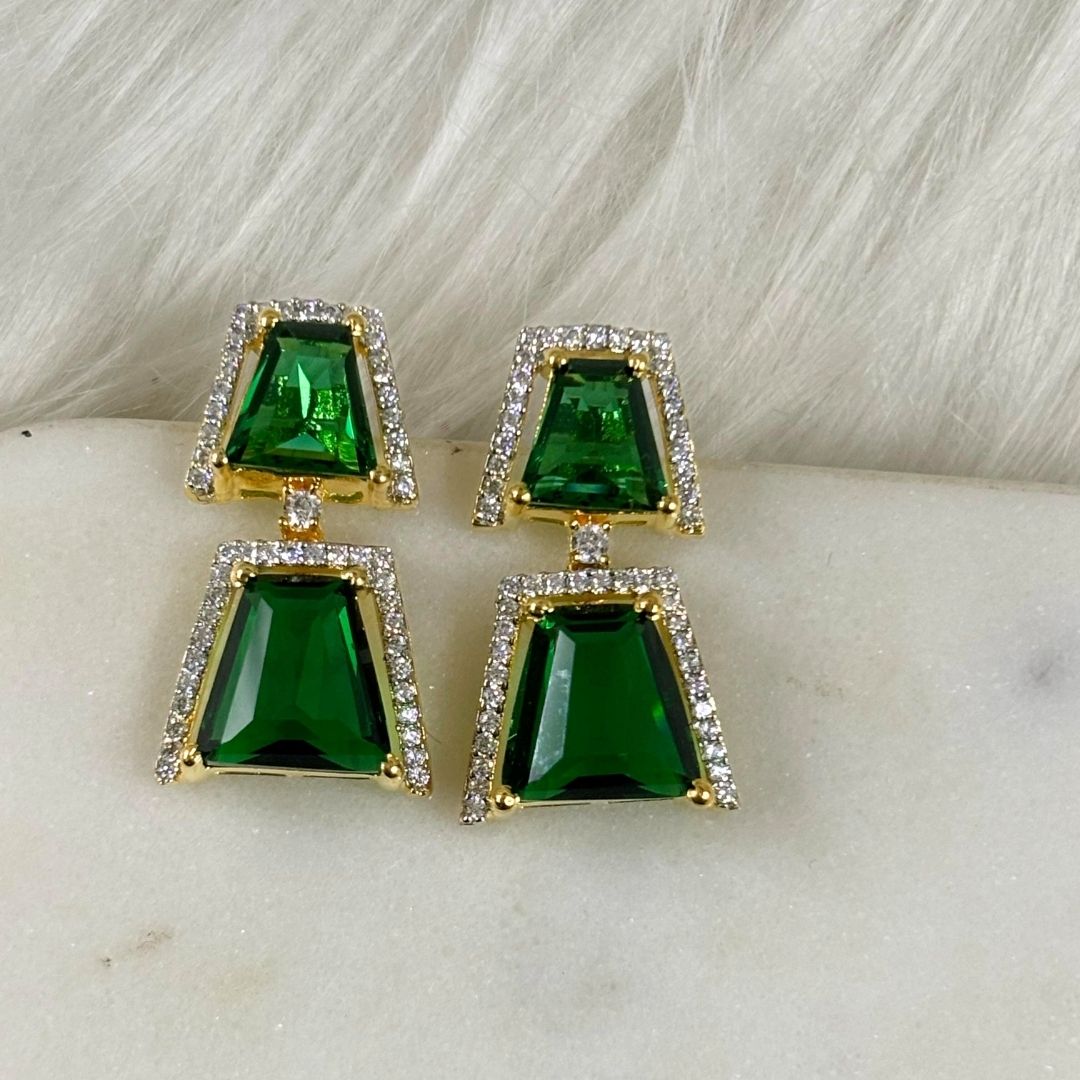 Gold Plated Regal Radiance Green Emerald Earrings