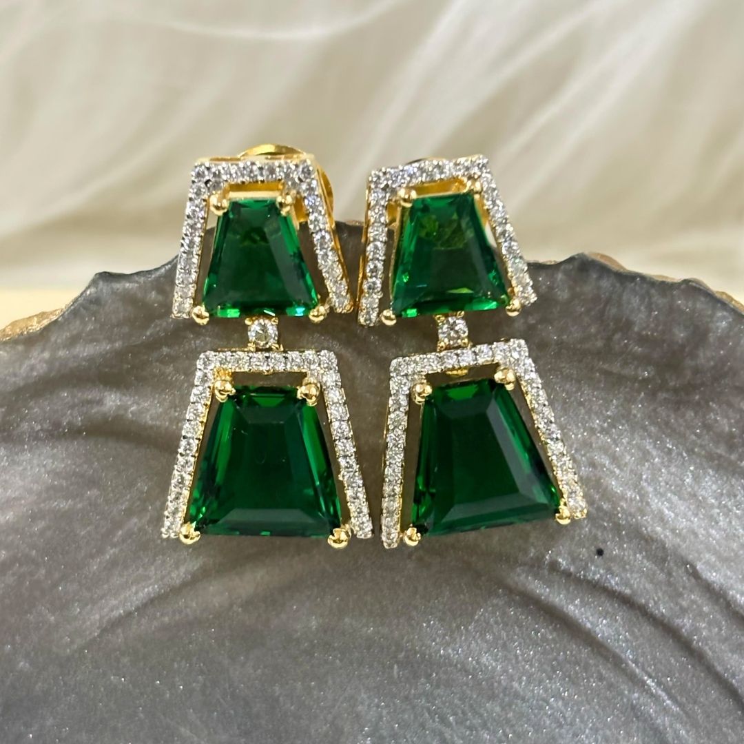 Gold Plated Regal Radiance Green Emerald Earrings
