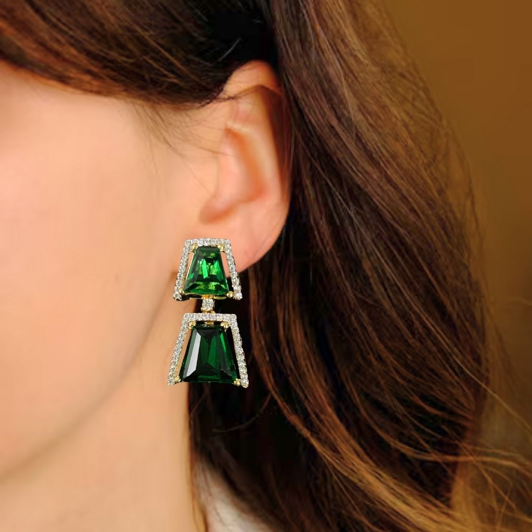 Gold Plated Regal Radiance Green Emerald Earrings