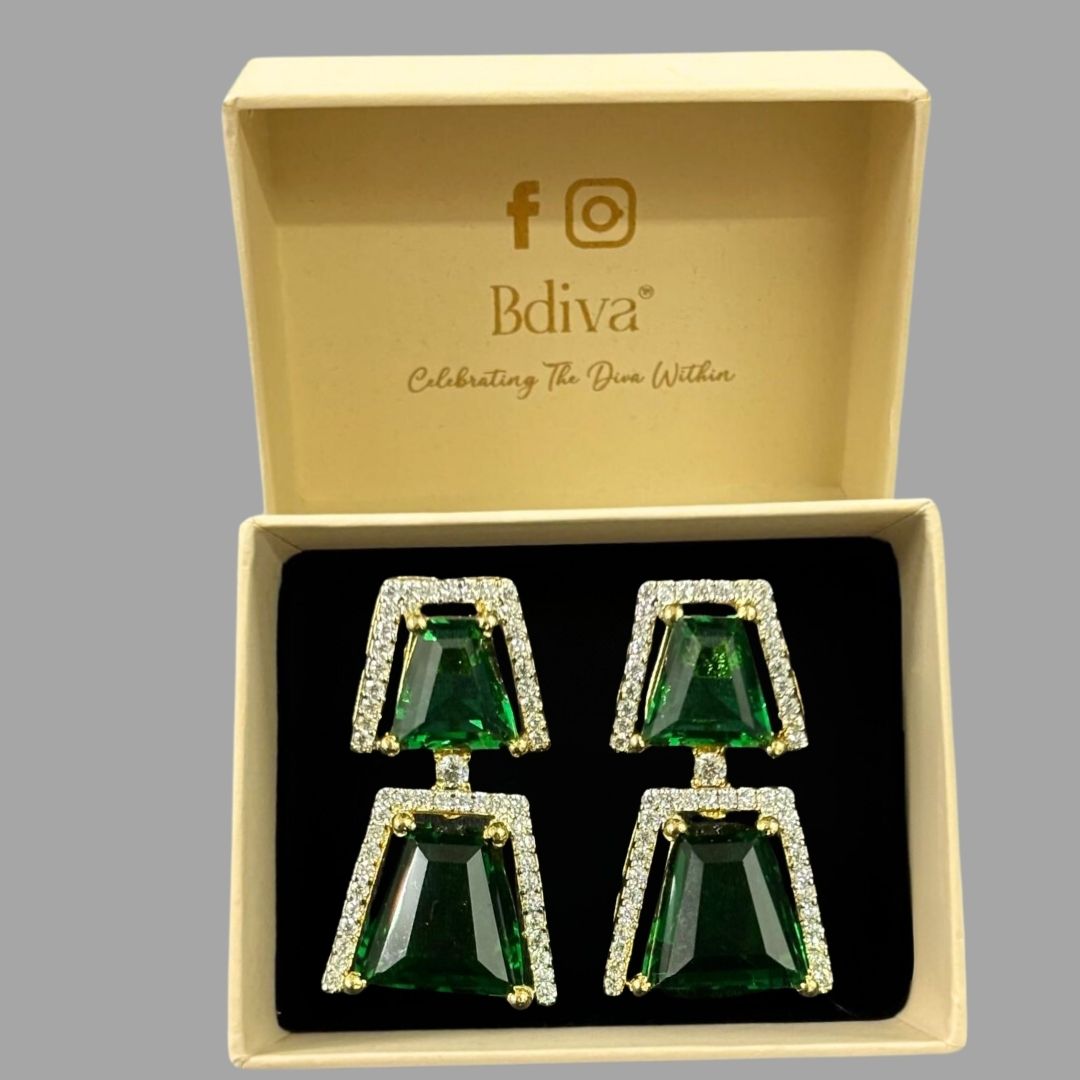 Gold Plated Regal Radiance Green Emerald Earrings