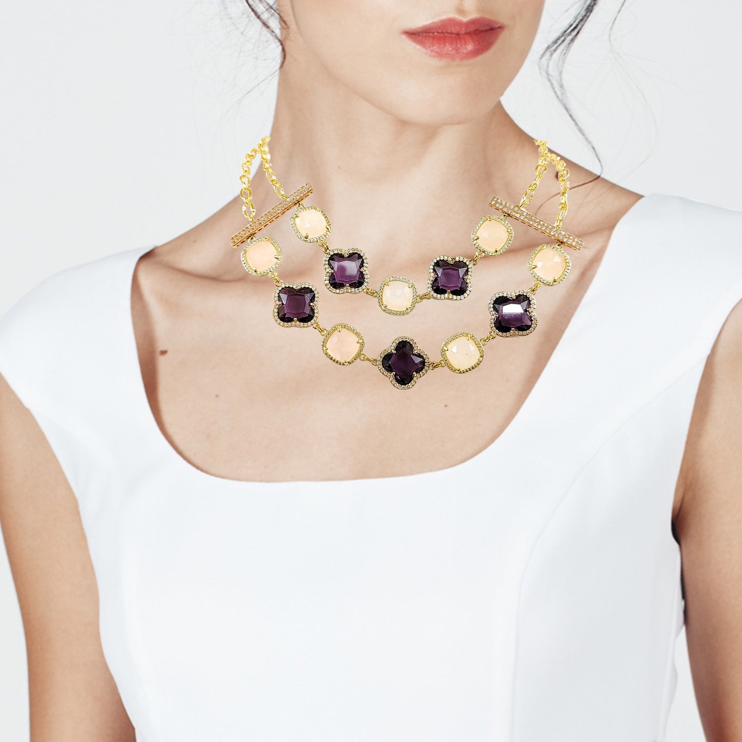 BDiva 18k Gold Plated Gemstone Clover Layered Necklace: Stunning Jewellery for Women, Handcrafted Jewellery