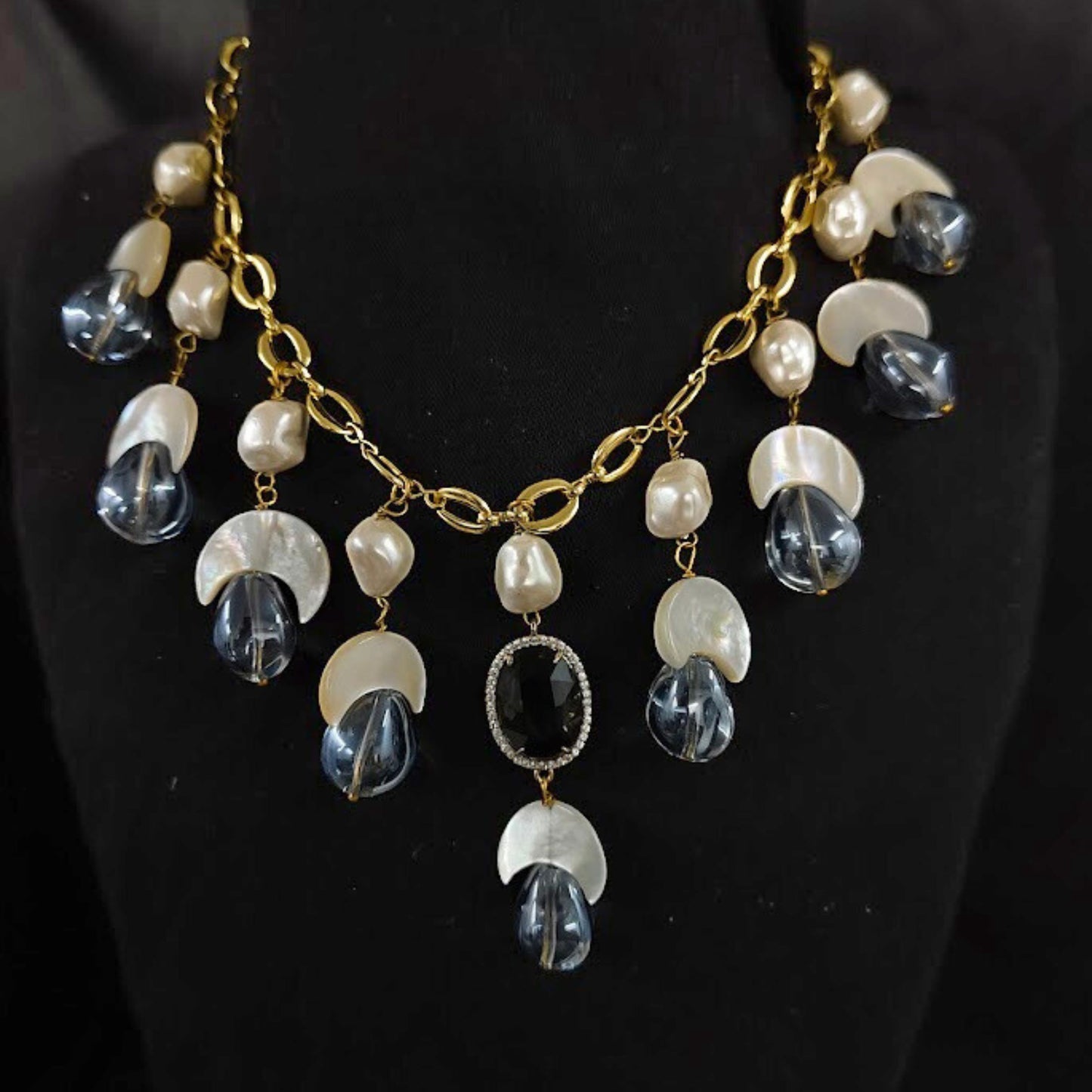 BDiva 18K Gold Plated Gemstone and Semi-Cultured Pearl Statement Necklace - Handcrafted Luxury Jewellery for Women