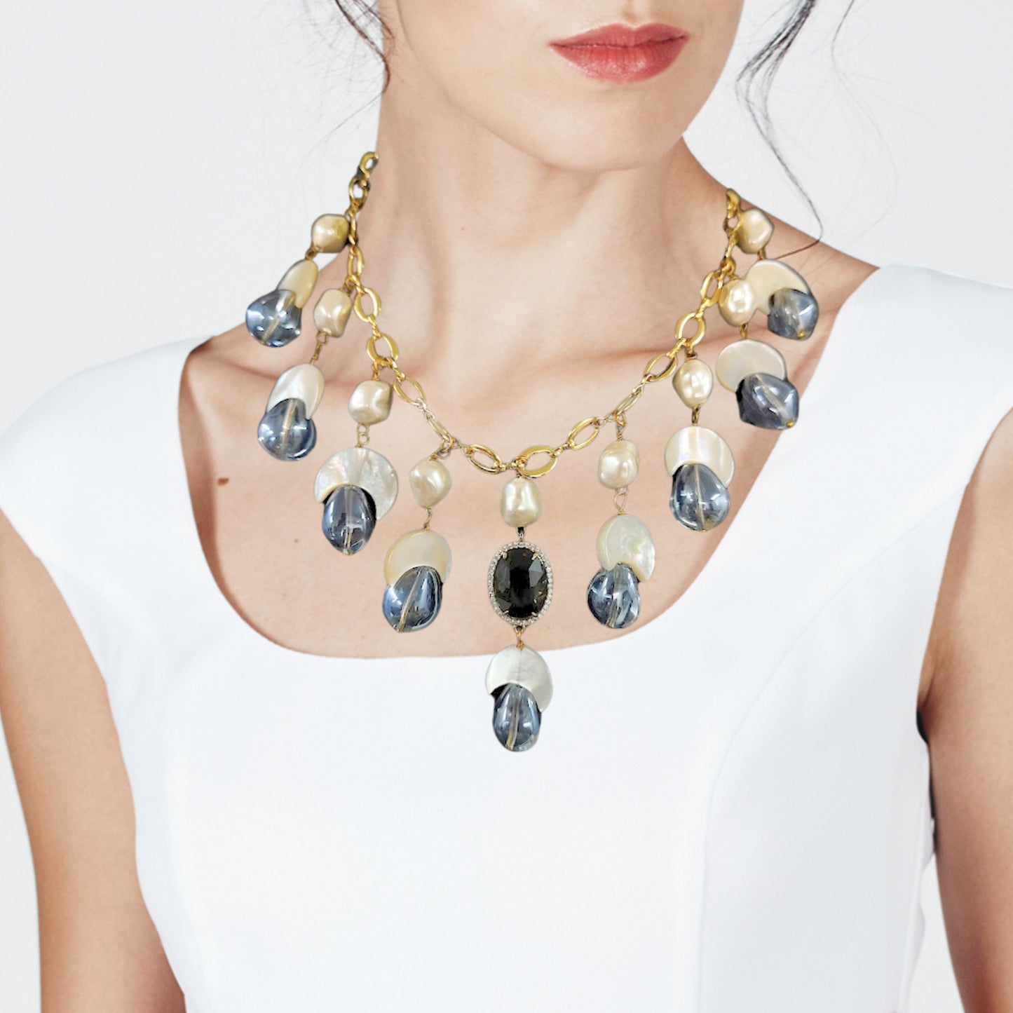 BDiva 18K Gold Plated Gemstone and Semi-Cultured Pearl Statement Necklace - Handcrafted Luxury Jewellery for Women