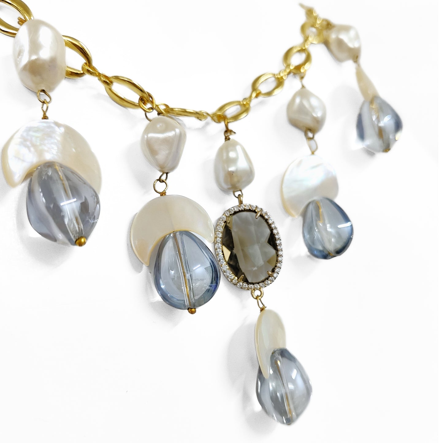BDiva 18K Gold Plated Gemstone and Semi-Cultured Pearl Statement Necklace - Handcrafted Luxury Jewellery for Women