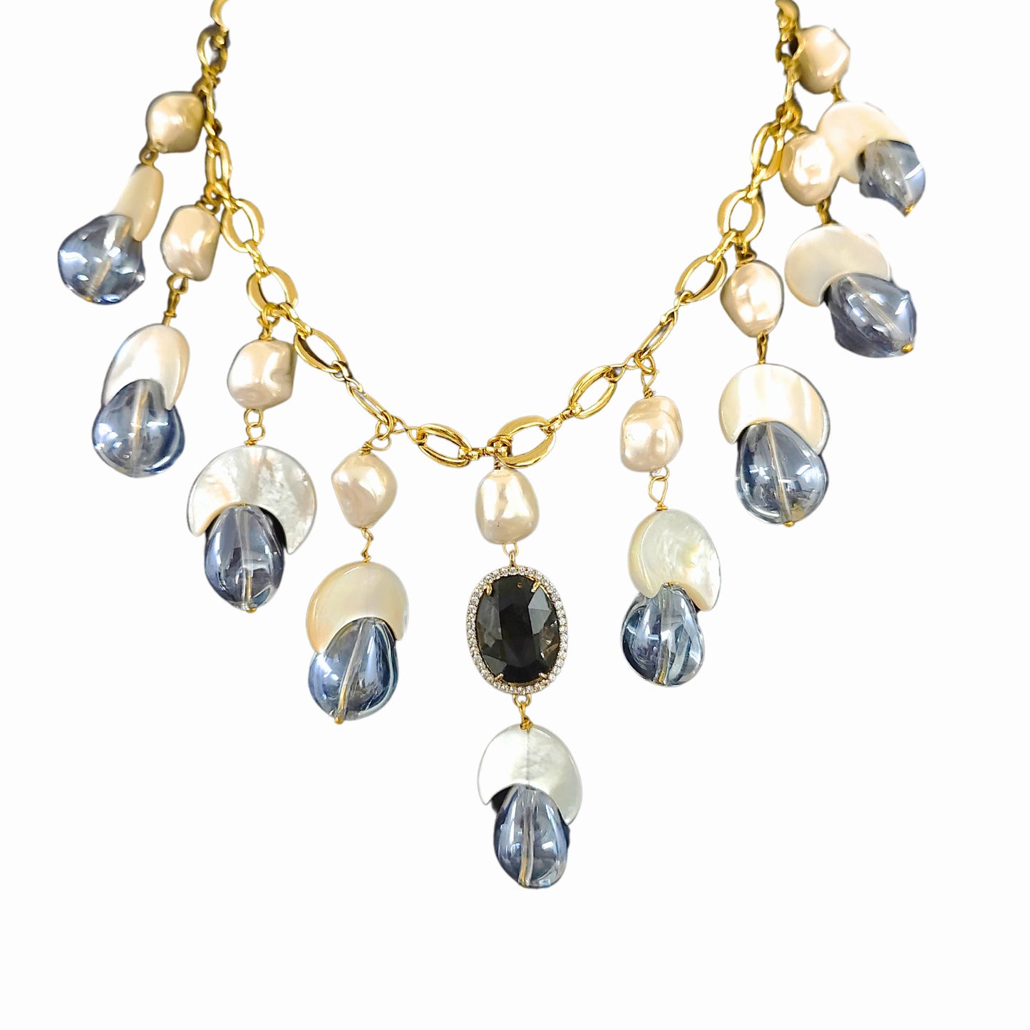 BDiva 18K Gold Plated Gemstone and Semi-Cultured Pearl Statement Necklace - Handcrafted Luxury Jewellery for Women