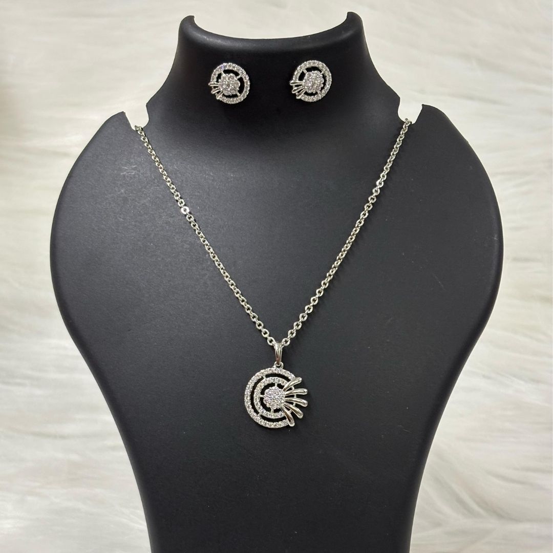 Rhodium-Plated Cubic Zirconia Pendant & Stud Earrings Set