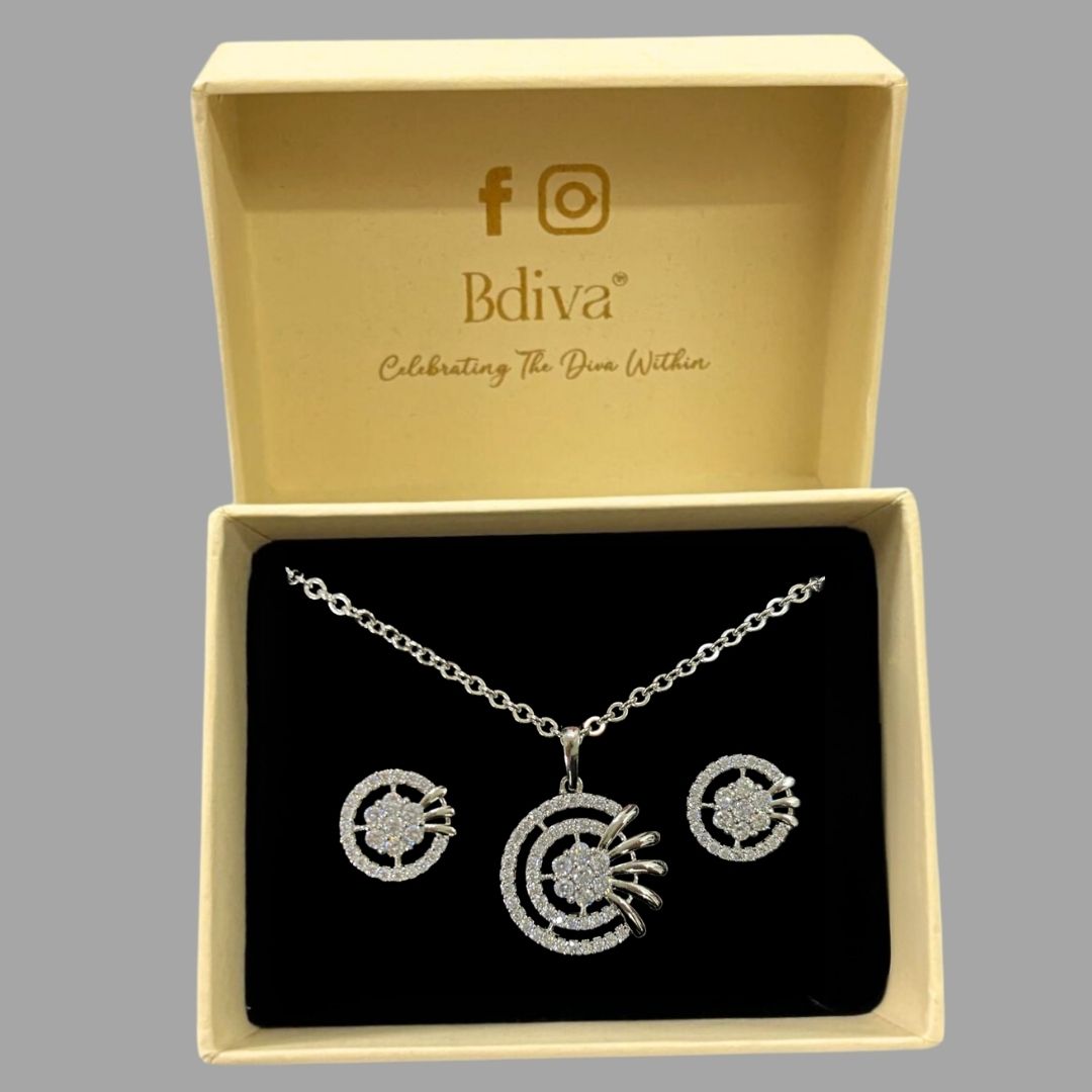Rhodium-Plated Cubic Zirconia Pendant & Stud Earrings Set