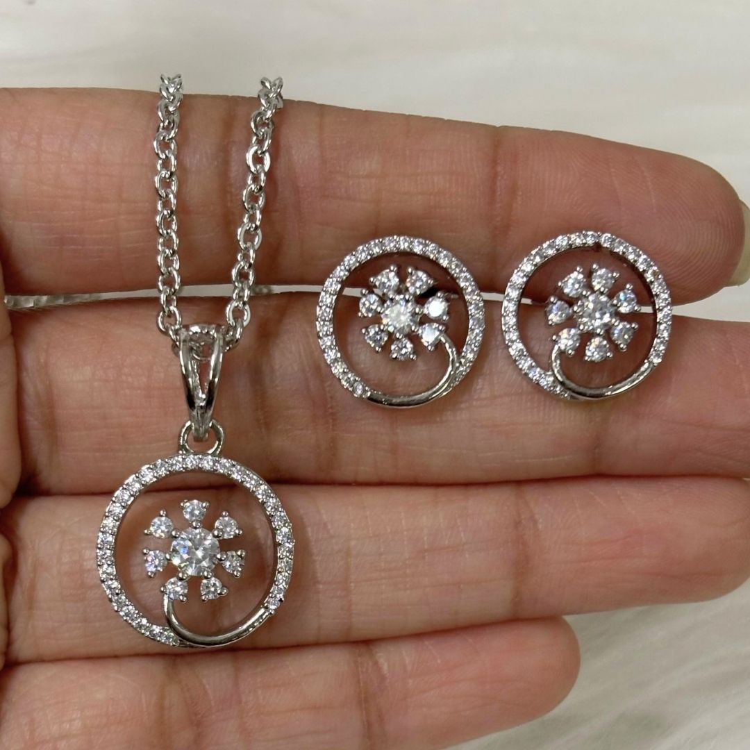 Rhodium Plated Cubic Zirconia Pendant & Earrings Set