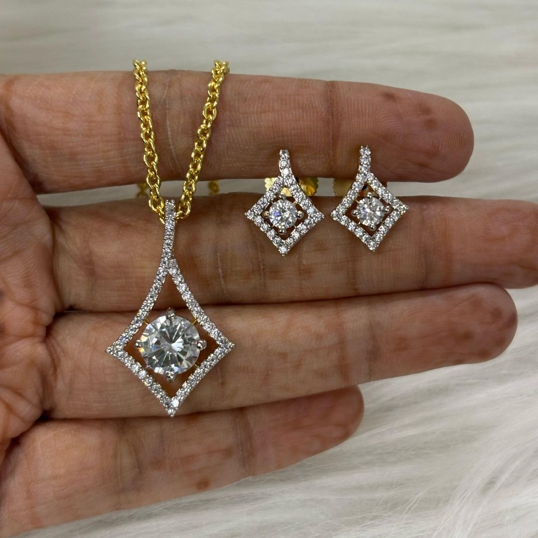 Gold Plated Halo Style Cubic Zirconia Pendant & Stud Earrings Set