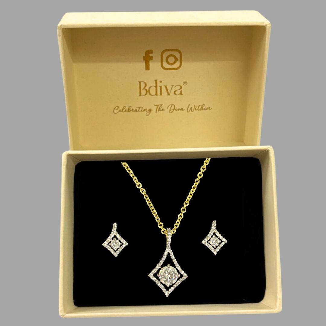 Gold Plated Halo Style Cubic Zirconia Pendant & Stud Earrings Set