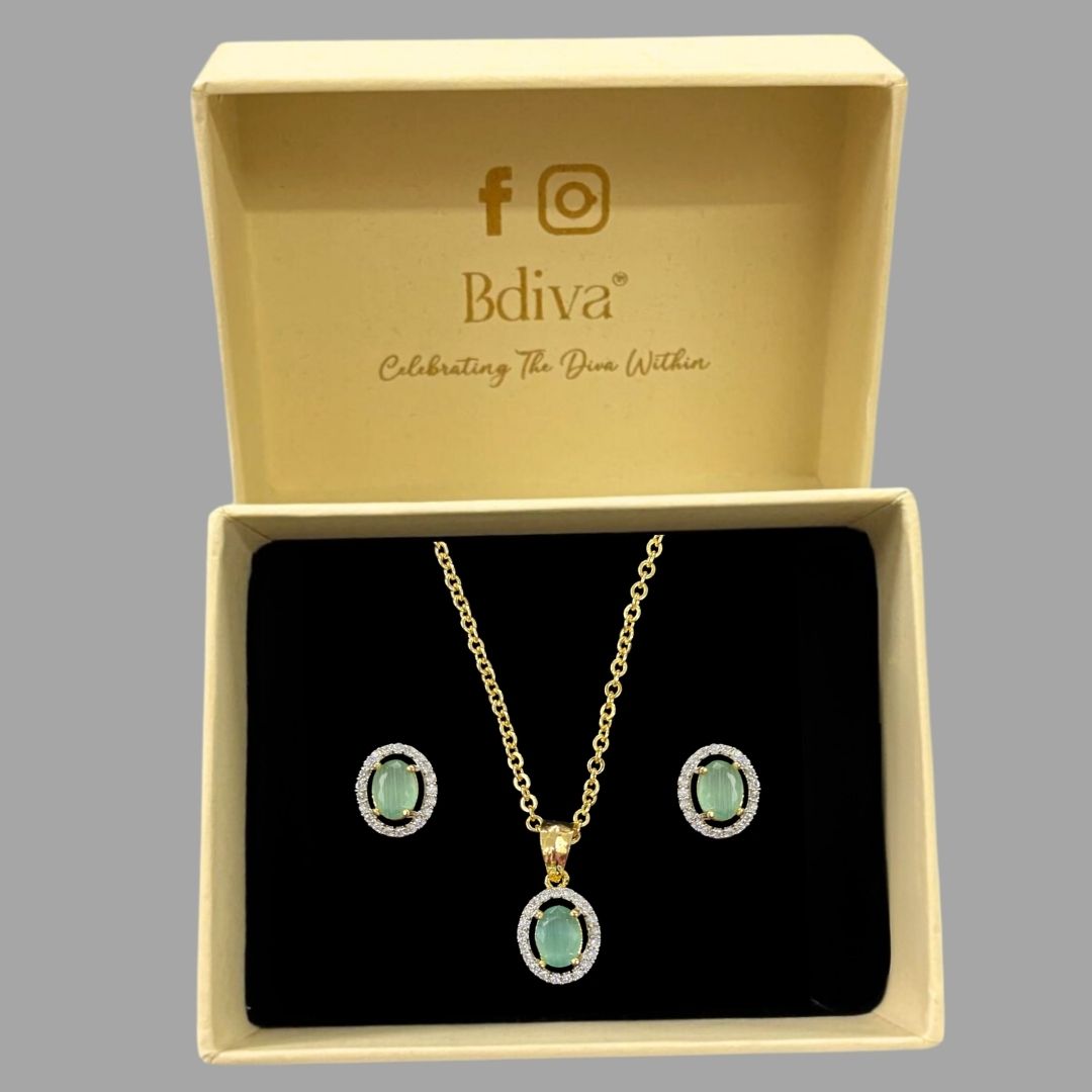 Green Topaz Luxe Gold-Plated Solitaire Halo Pendant & Earrings Set – A Regal Touch of Green