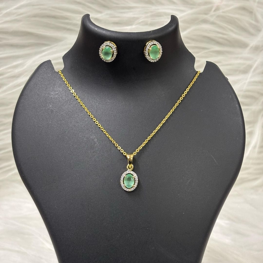 Green Topaz Luxe Gold-Plated Solitaire Halo Pendant & Earrings Set – A Regal Touch of Green
