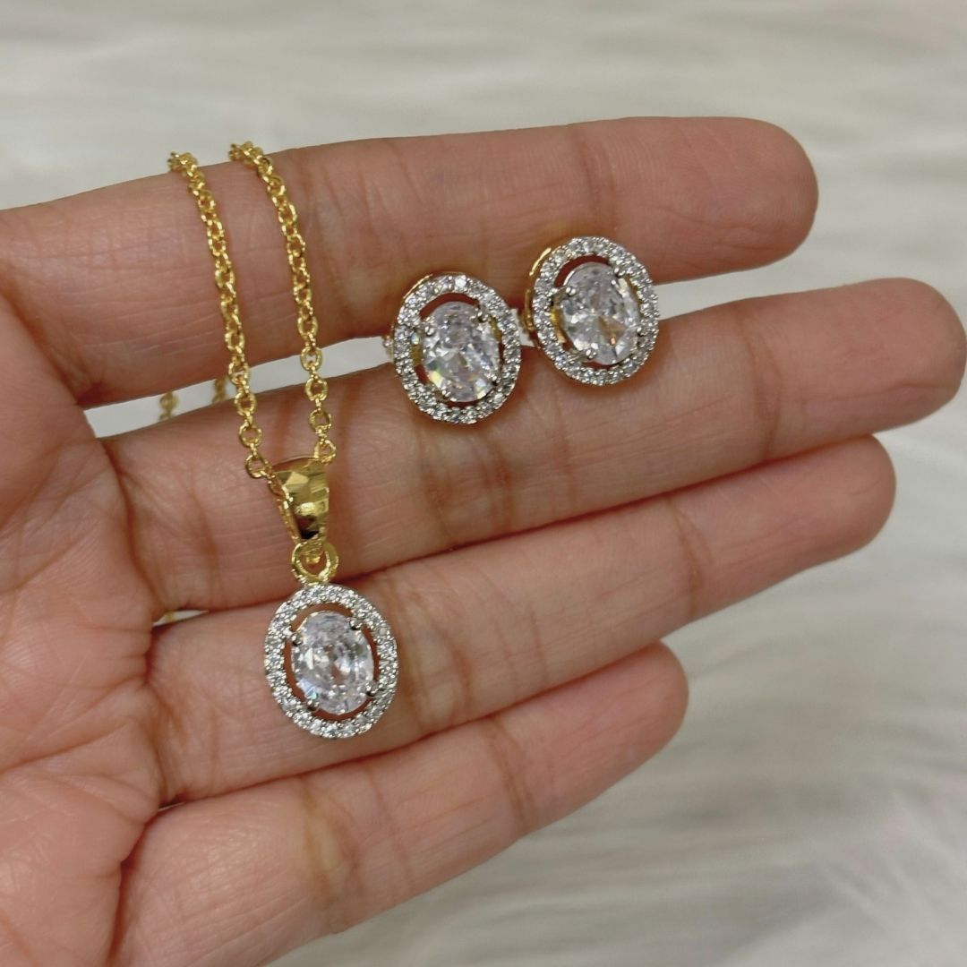 Gold-Plated Eternal Glow Solitaire Halo Pendant & Earrings Set