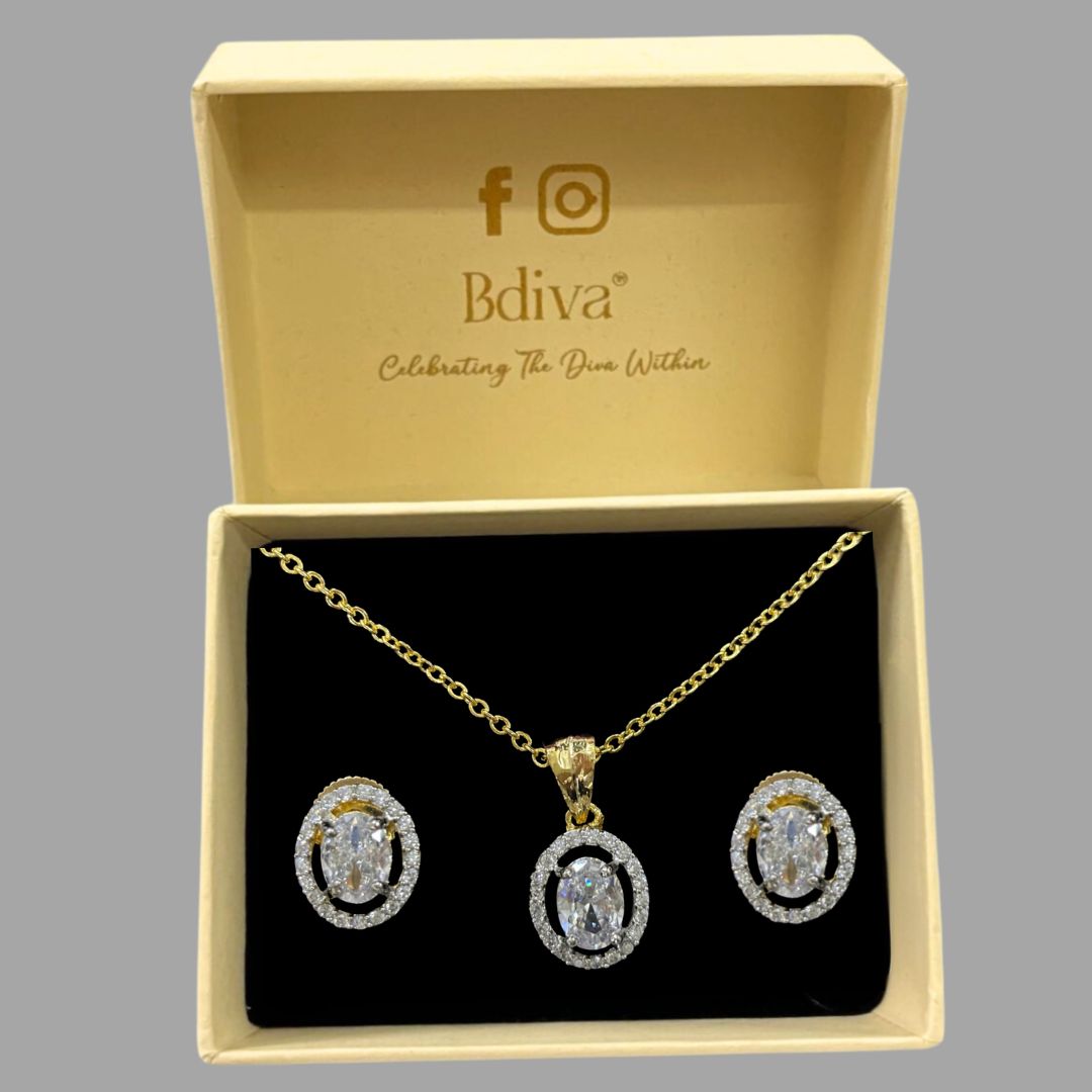 Gold-Plated Eternal Glow Solitaire Halo Pendant & Earrings Set