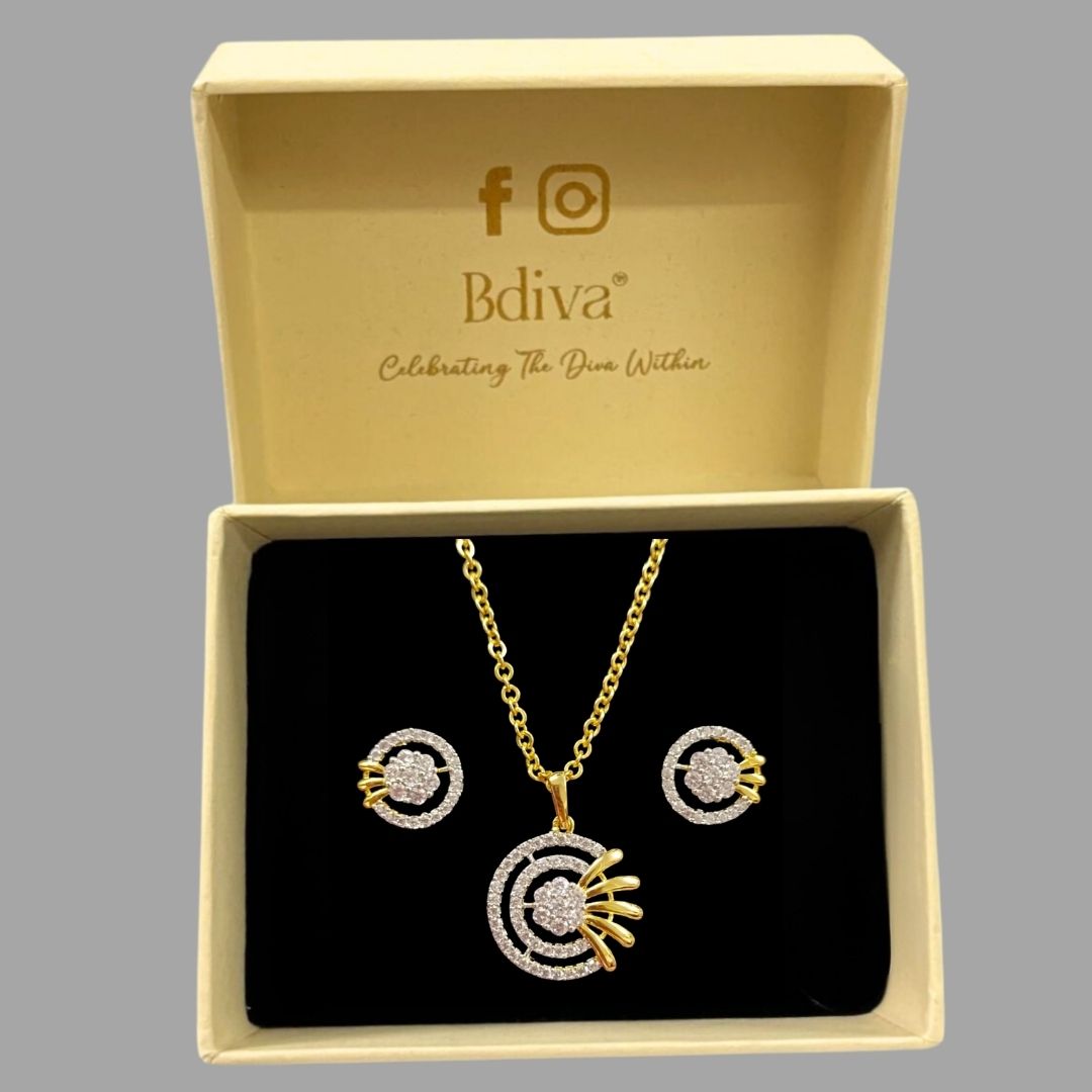 Gold Plated Cubic Zirconia Pendant & Stud Earrings Set