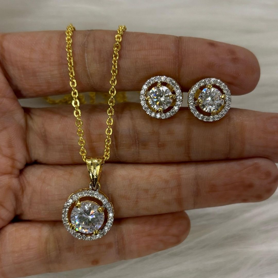 Gold-Plated Eternal Glow Solitaire Halo Pendant & Earrings Set