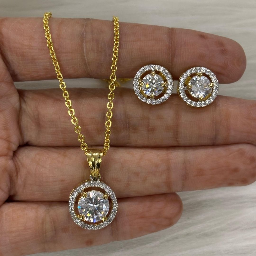Gold-Plated Eternal Glow Solitaire Halo Pendant & Earrings Set