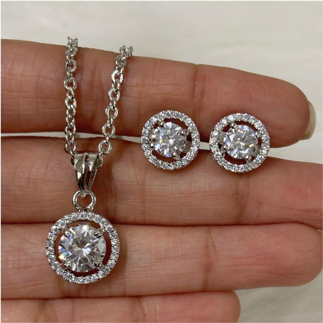 Rhodium-Plated Eternal Glow Solitaire Halo Pendant & Earrings Set
