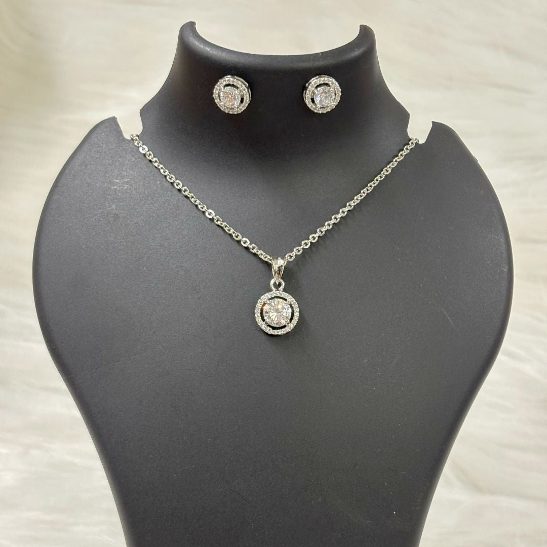 Rhodium-Plated Eternal Glow Solitaire Halo Pendant & Earrings Set