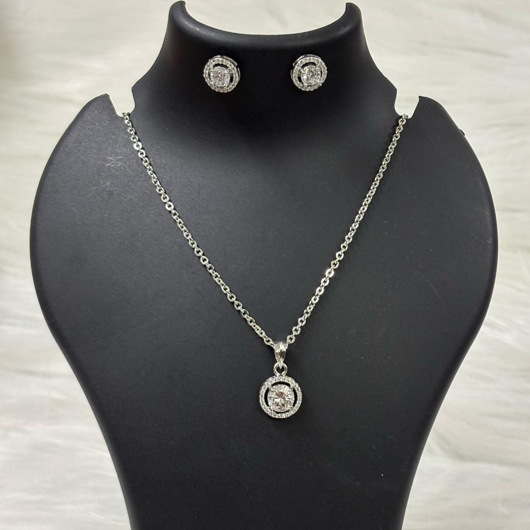 Rhodium-Plated Eternal Glow Solitaire Halo Pendant & Earrings Set