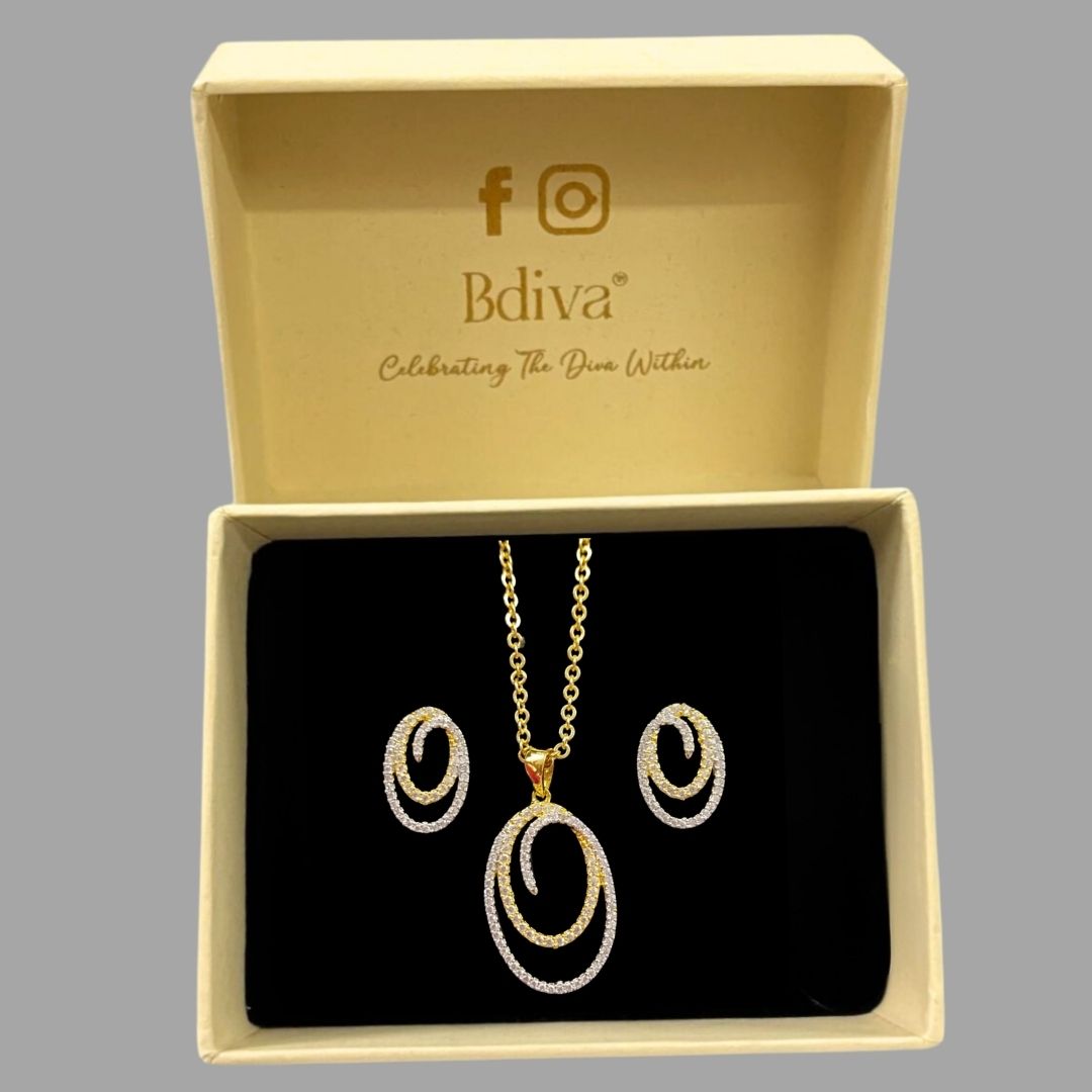 Gold-Plated Oval Solitaire Pendant & Earrings Set – Classic Elegance, Timeless Sparkle