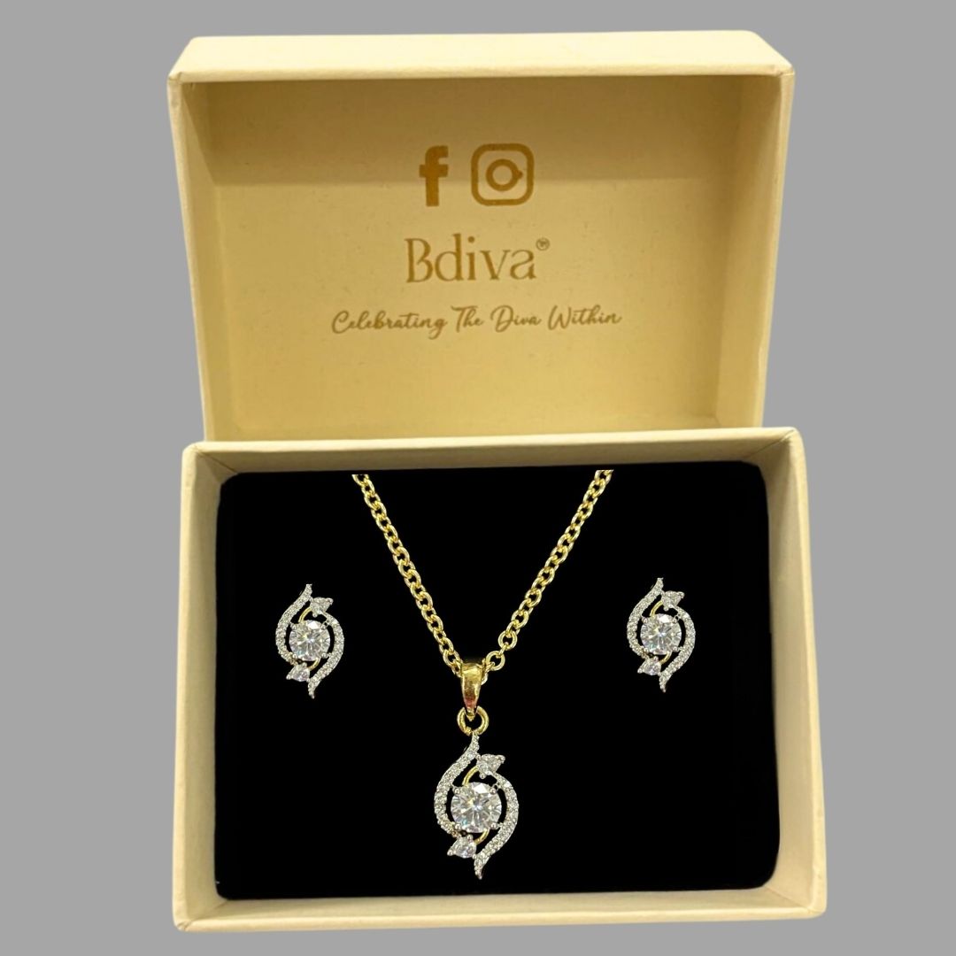 Gold Plated Bloom Solitaire Pendant & Earrings Set – Graceful, Elegant & Timeless