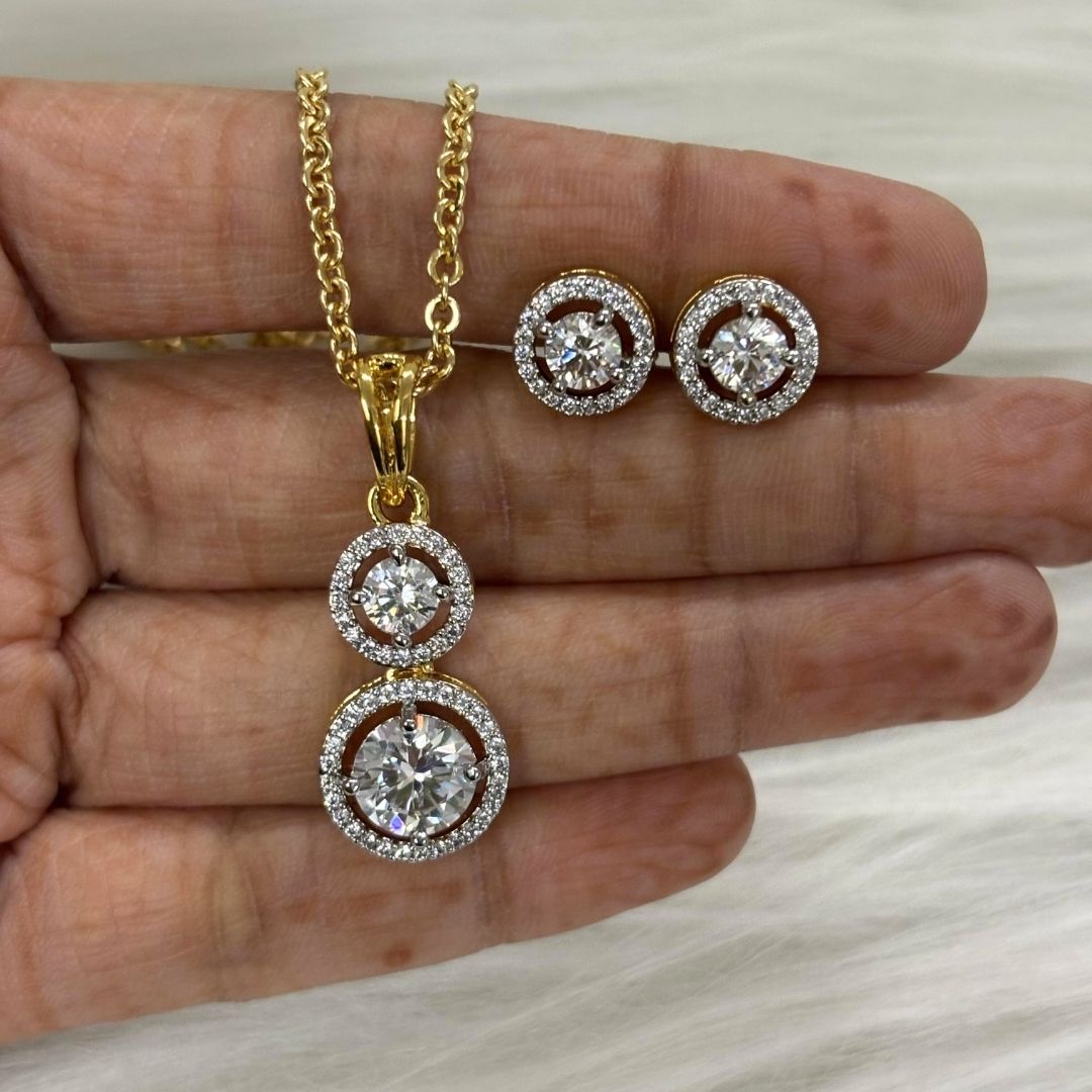 Gold-Plated Eternal Glow Solitaire Halo Pendant & Stud Earrings Set – Double the Shine, Timeless Elegance