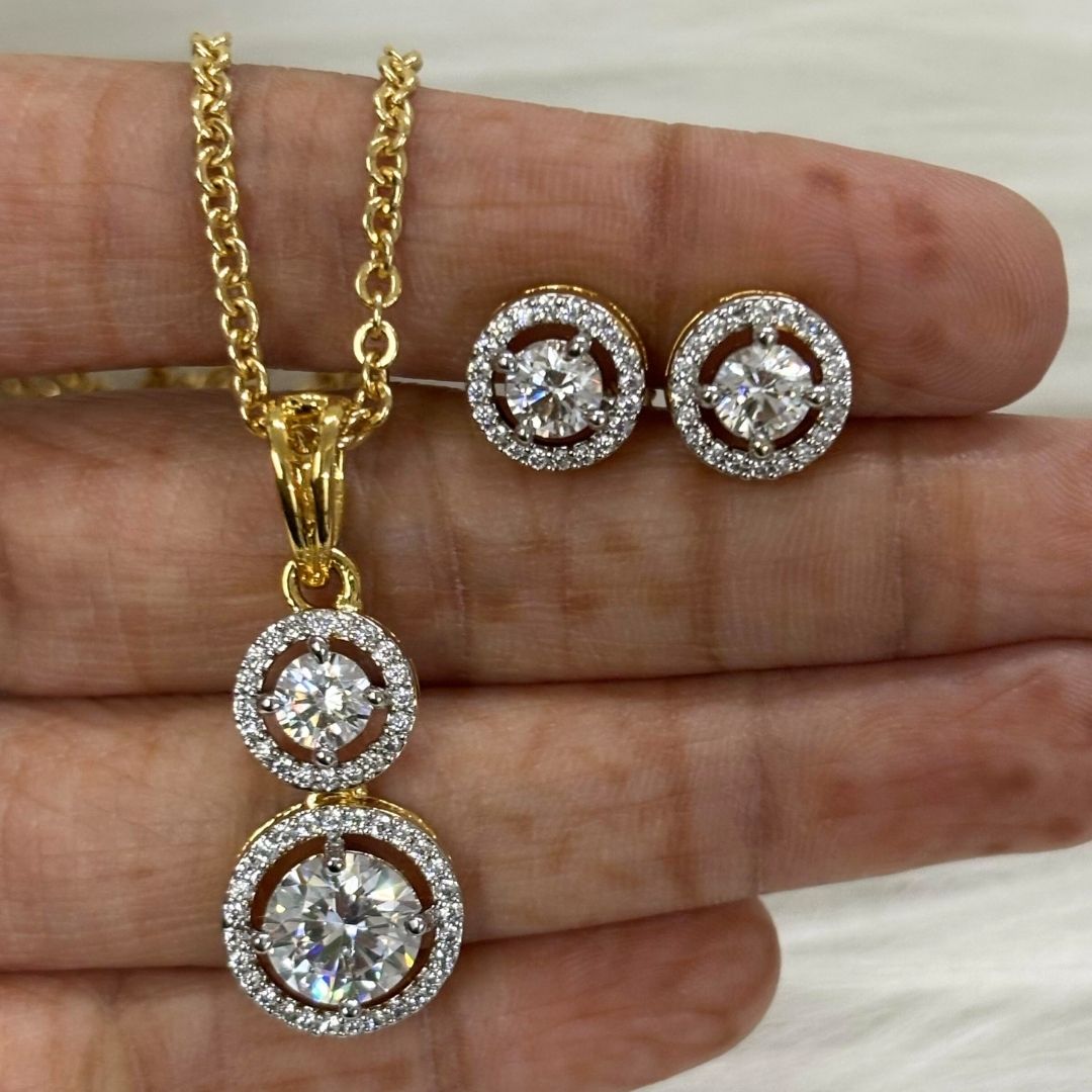 Gold-Plated Eternal Glow Solitaire Halo Pendant & Stud Earrings Set – Double the Shine, Timeless Elegance