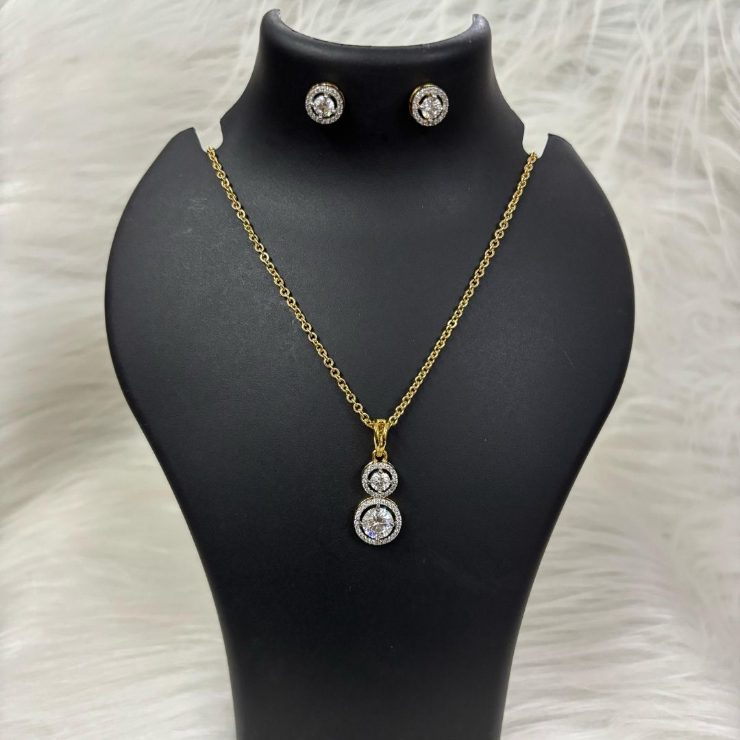 Gold-Plated Eternal Glow Solitaire Halo Pendant & Stud Earrings Set – Double the Shine, Timeless Elegance