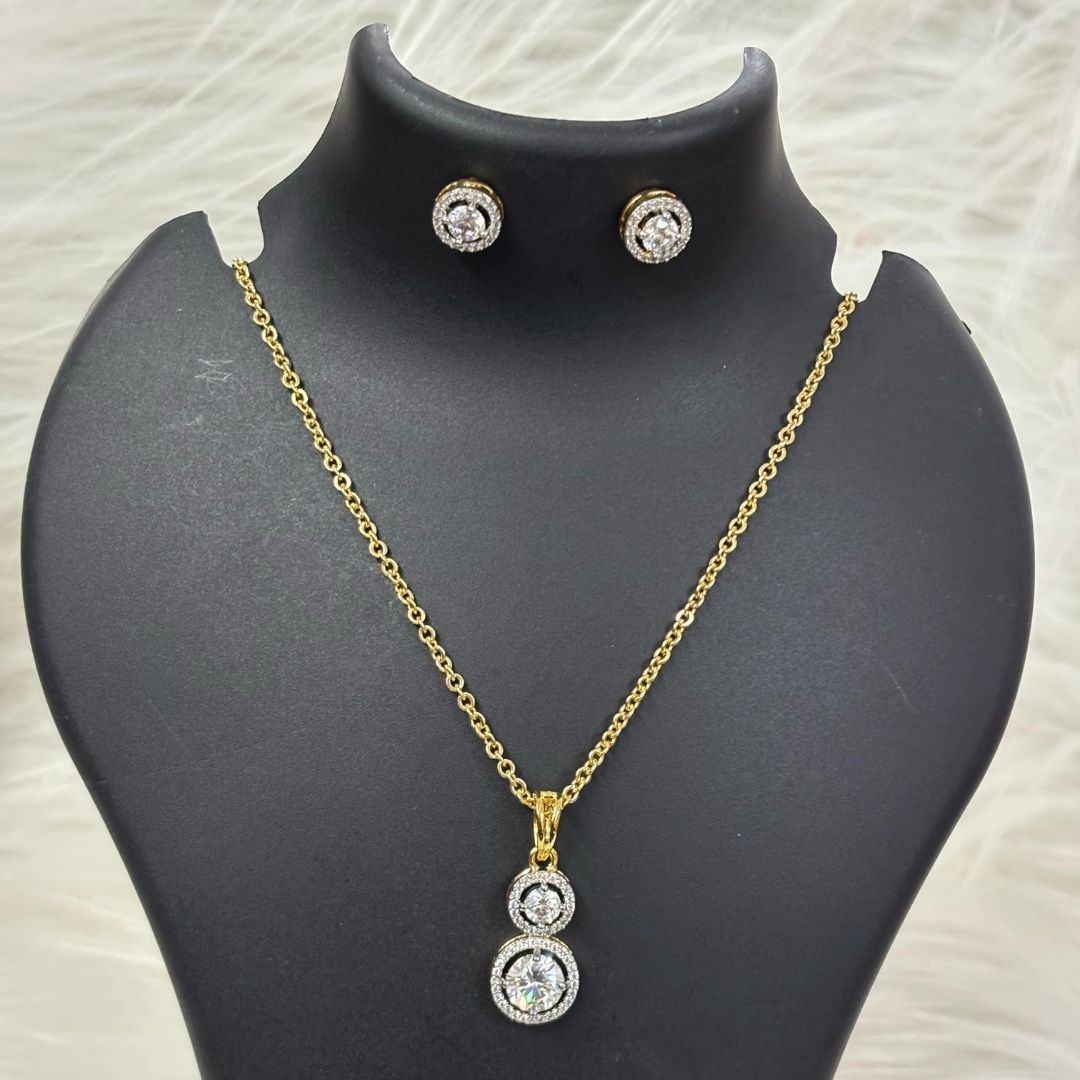 Gold-Plated Eternal Glow Solitaire Halo Pendant & Stud Earrings Set – Double the Shine, Timeless Elegance