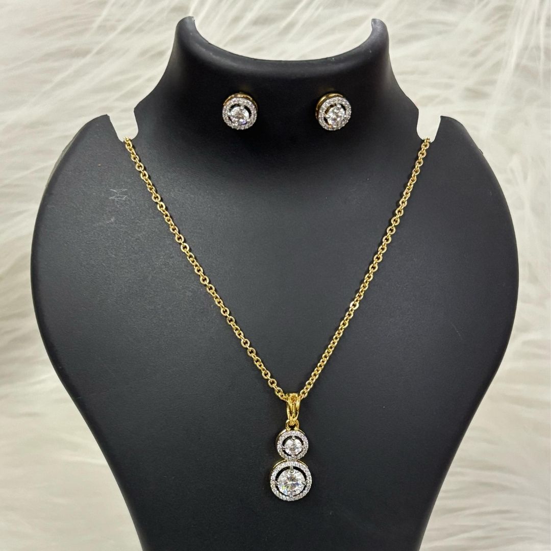Gold-Plated Eternal Glow Solitaire Halo Pendant & Stud Earrings Set – Double the Shine, Timeless Elegance