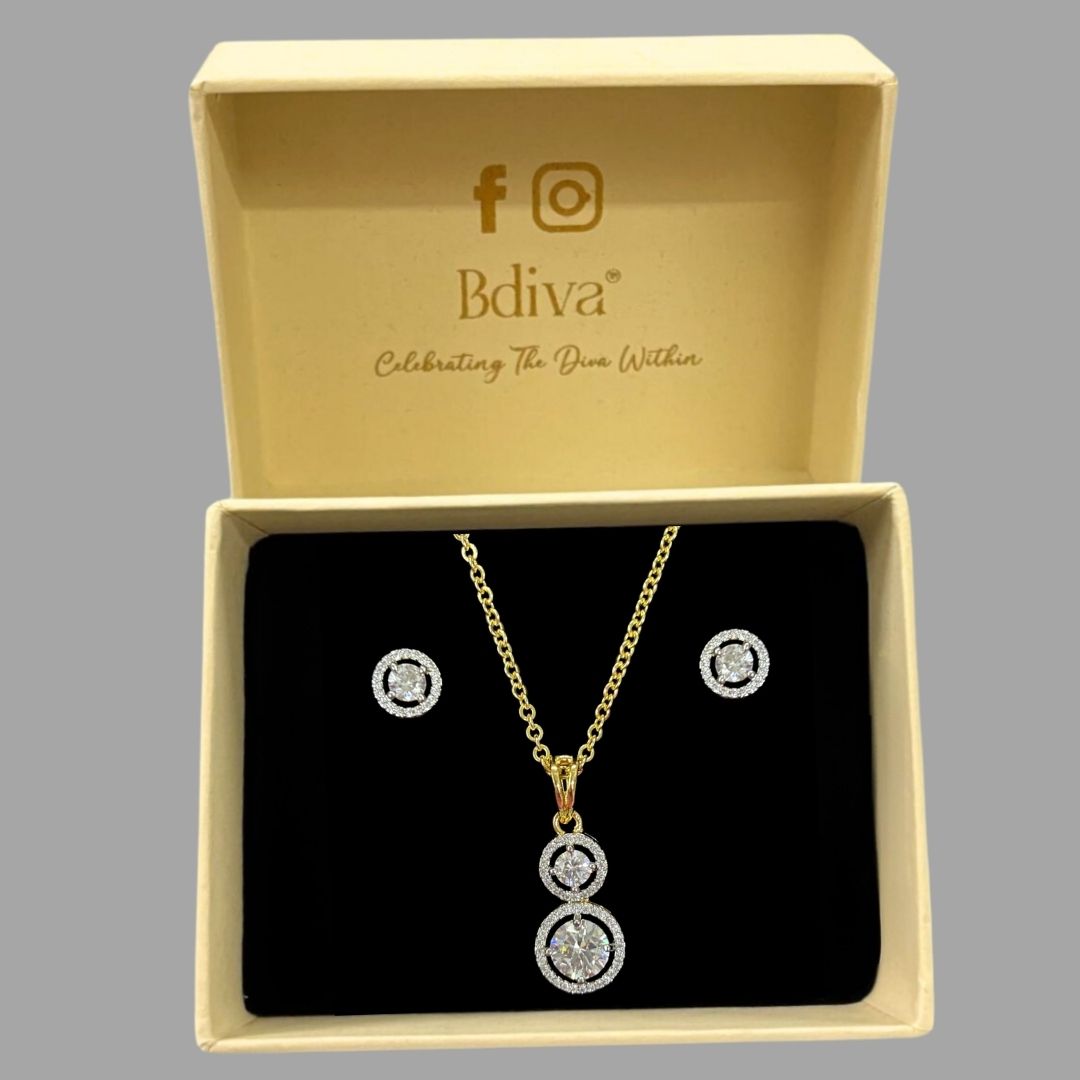 Gold-Plated Eternal Glow Solitaire Halo Pendant & Stud Earrings Set – Double the Shine, Timeless Elegance