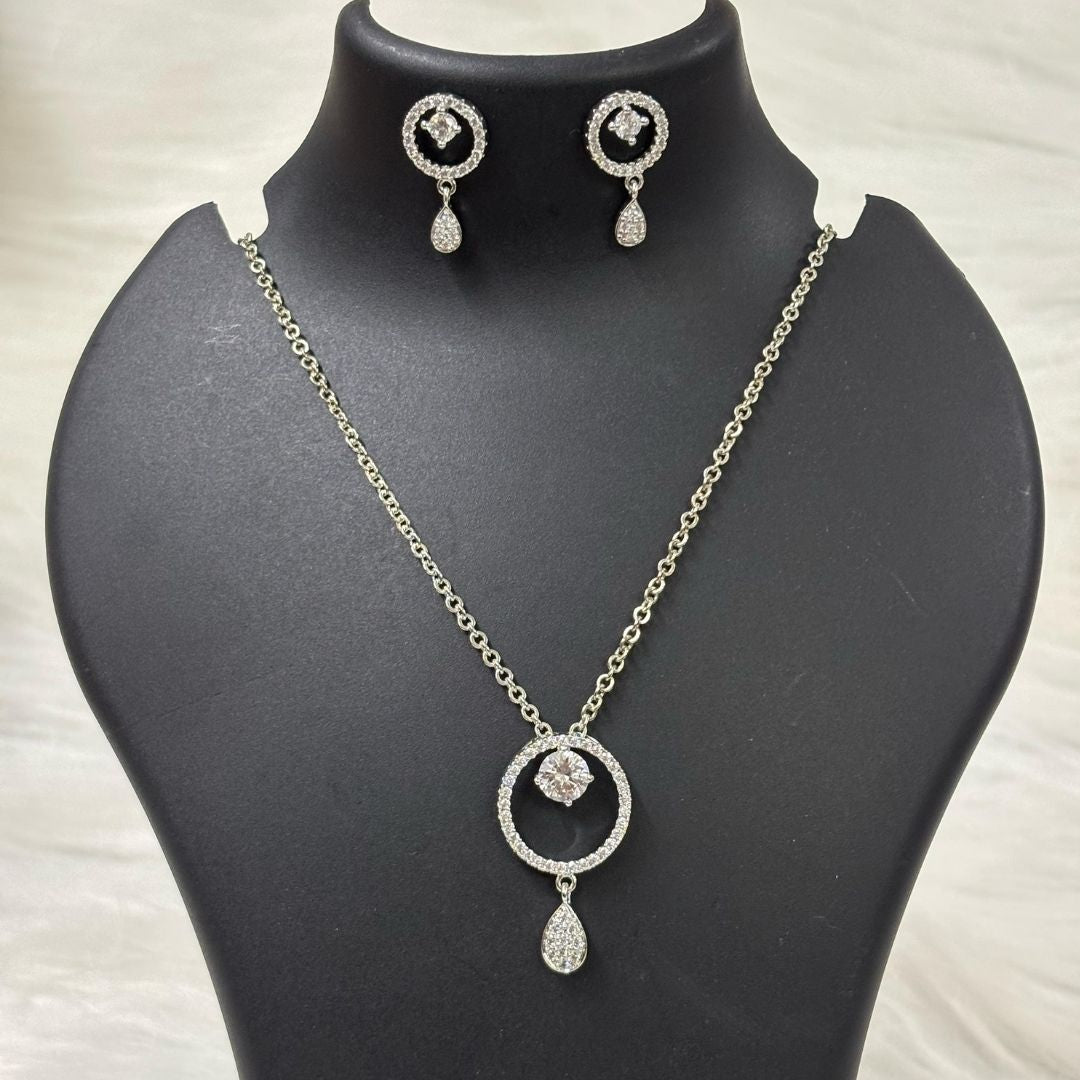 Rhodium Plated Cubic Zirconia Halo Pendant & Stud Earrings Set