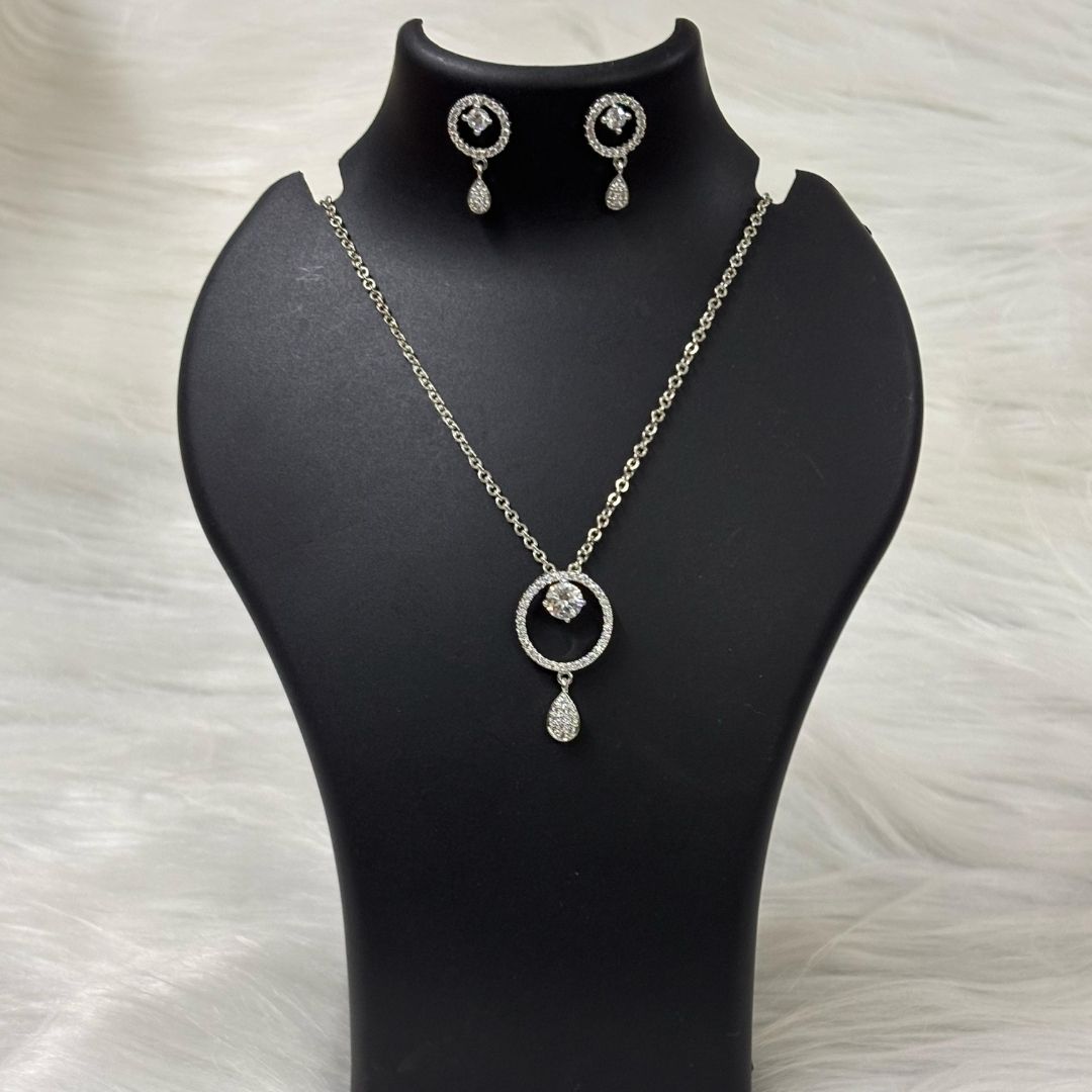Rhodium Plated Cubic Zirconia Halo Pendant & Stud Earrings Set