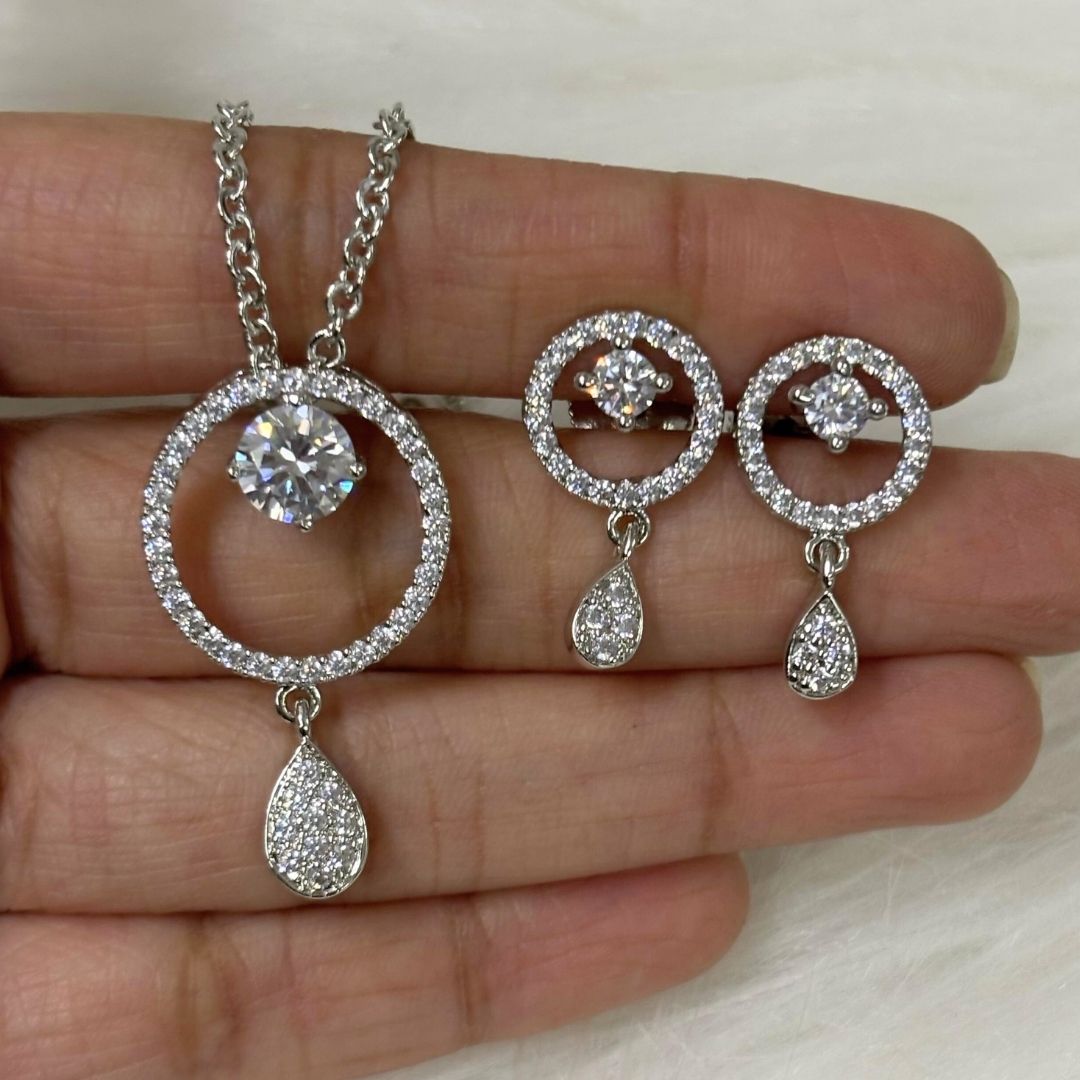 Rhodium Plated Cubic Zirconia Halo Pendant & Stud Earrings Set