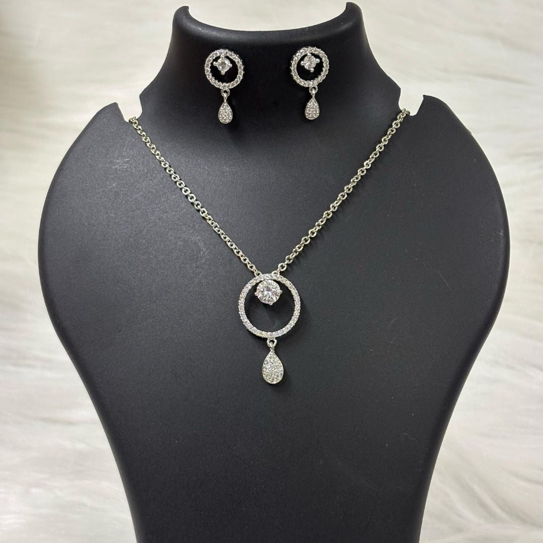 Rhodium Plated Cubic Zirconia Halo Pendant & Stud Earrings Set