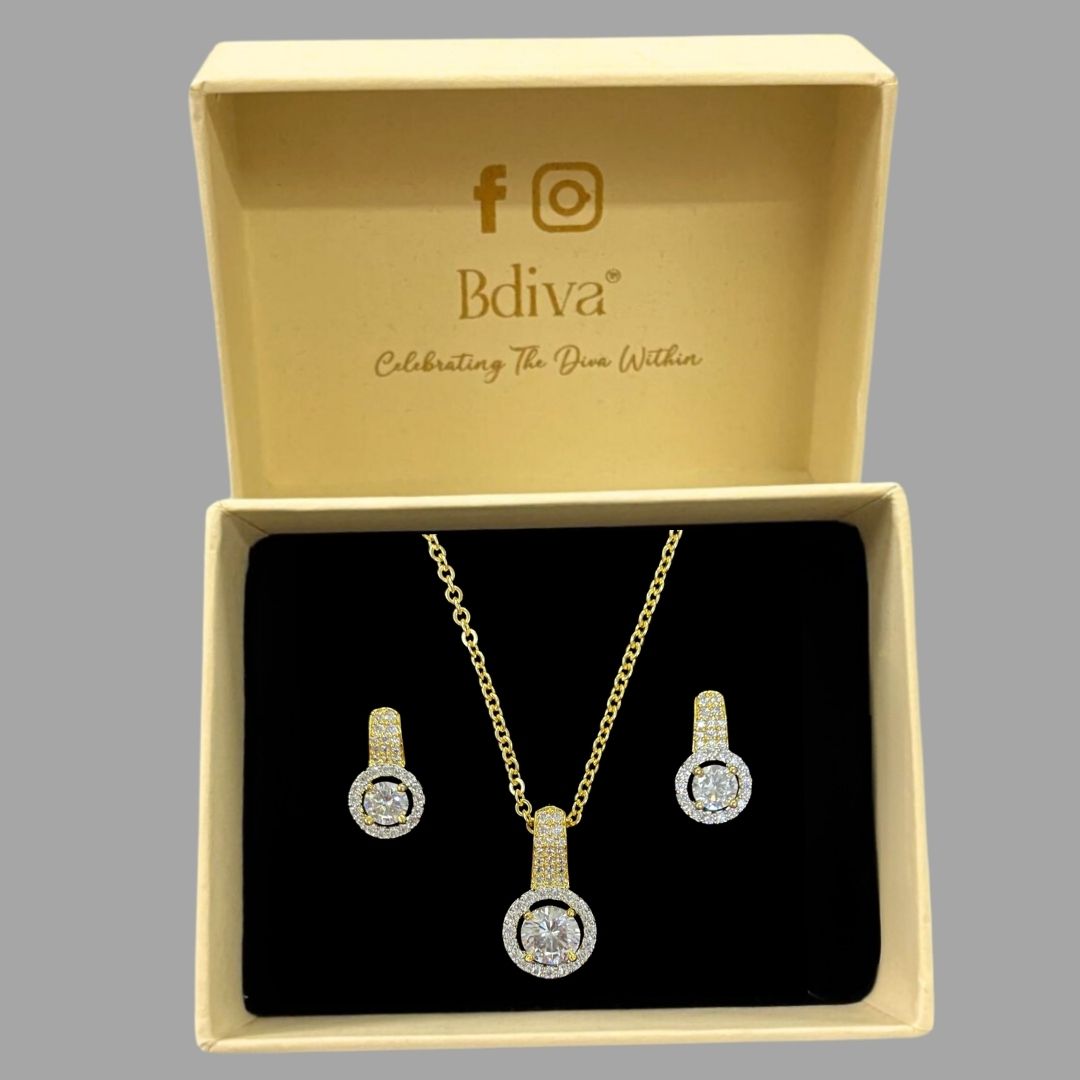 Gold Plated Halo Cubic Zirconia Pendant & Stud Earrings Set