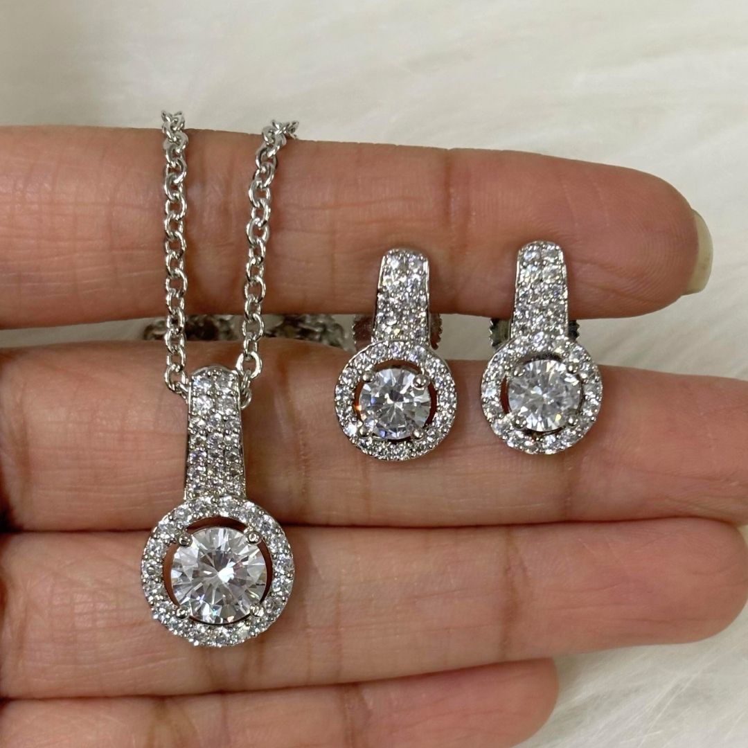 Rhodium Plated Halo Cubic Zirconia Pendant & Stud Earrings Set