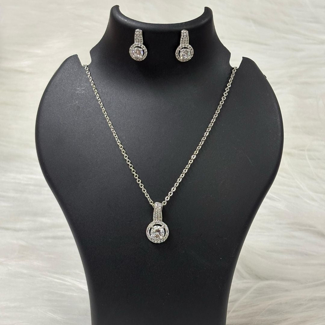 Rhodium Plated Halo Cubic Zirconia Pendant & Stud Earrings Set