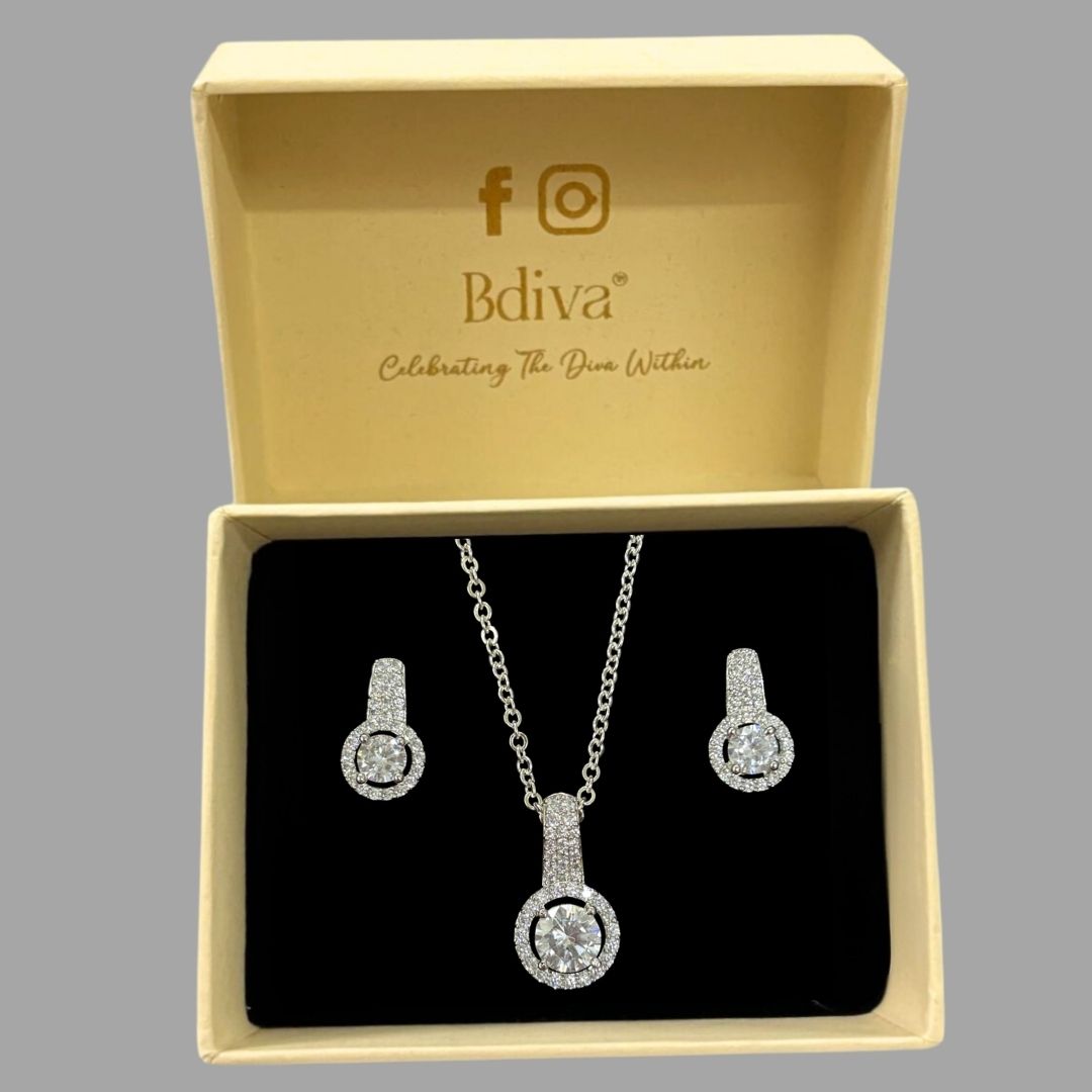 Rhodium Plated Halo Cubic Zirconia Pendant & Stud Earrings Set