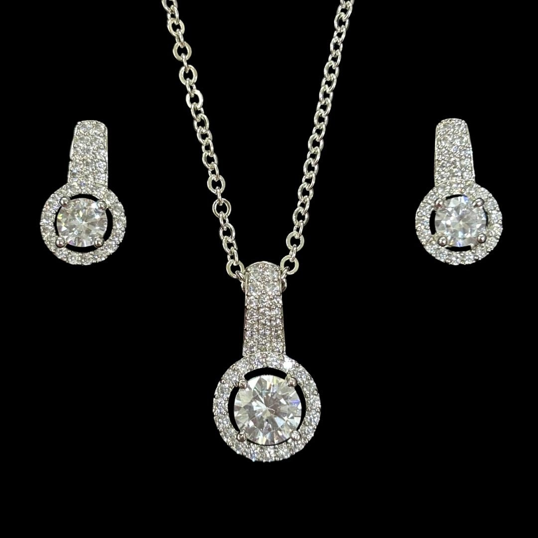 Rhodium Plated Halo Cubic Zirconia Pendant & Stud Earrings Set