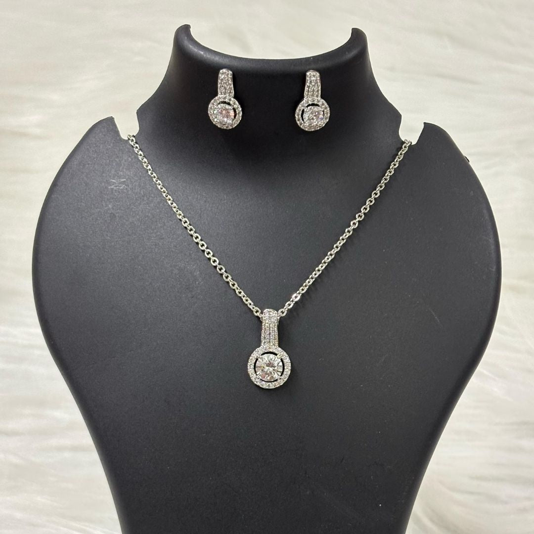 Rhodium Plated Halo Cubic Zirconia Pendant & Stud Earrings Set