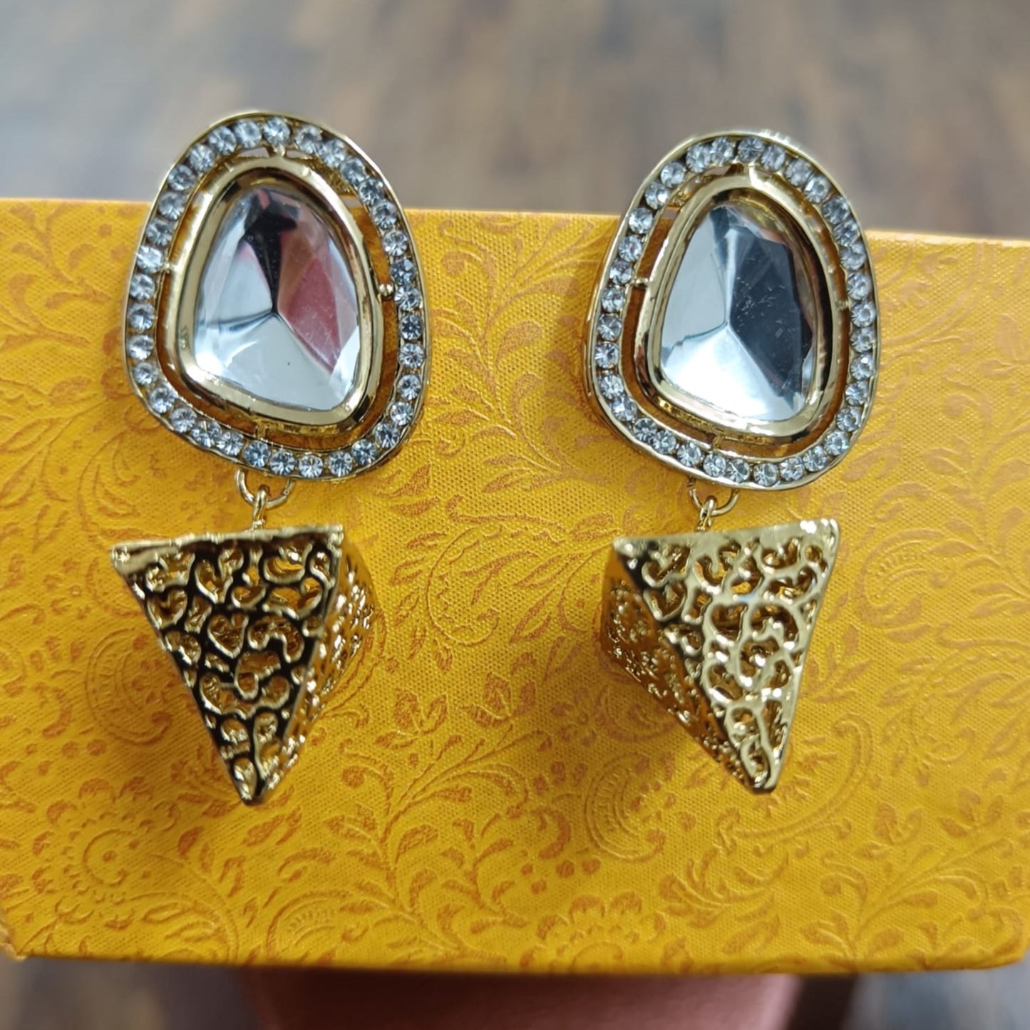 Bdiva 18K Gold Plated Cone Dangler Kundan Earrings with Western Flair.