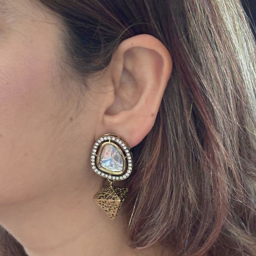 Bdiva 18K Gold Plated Cone Dangler Kundan Earrings with Western Flair.